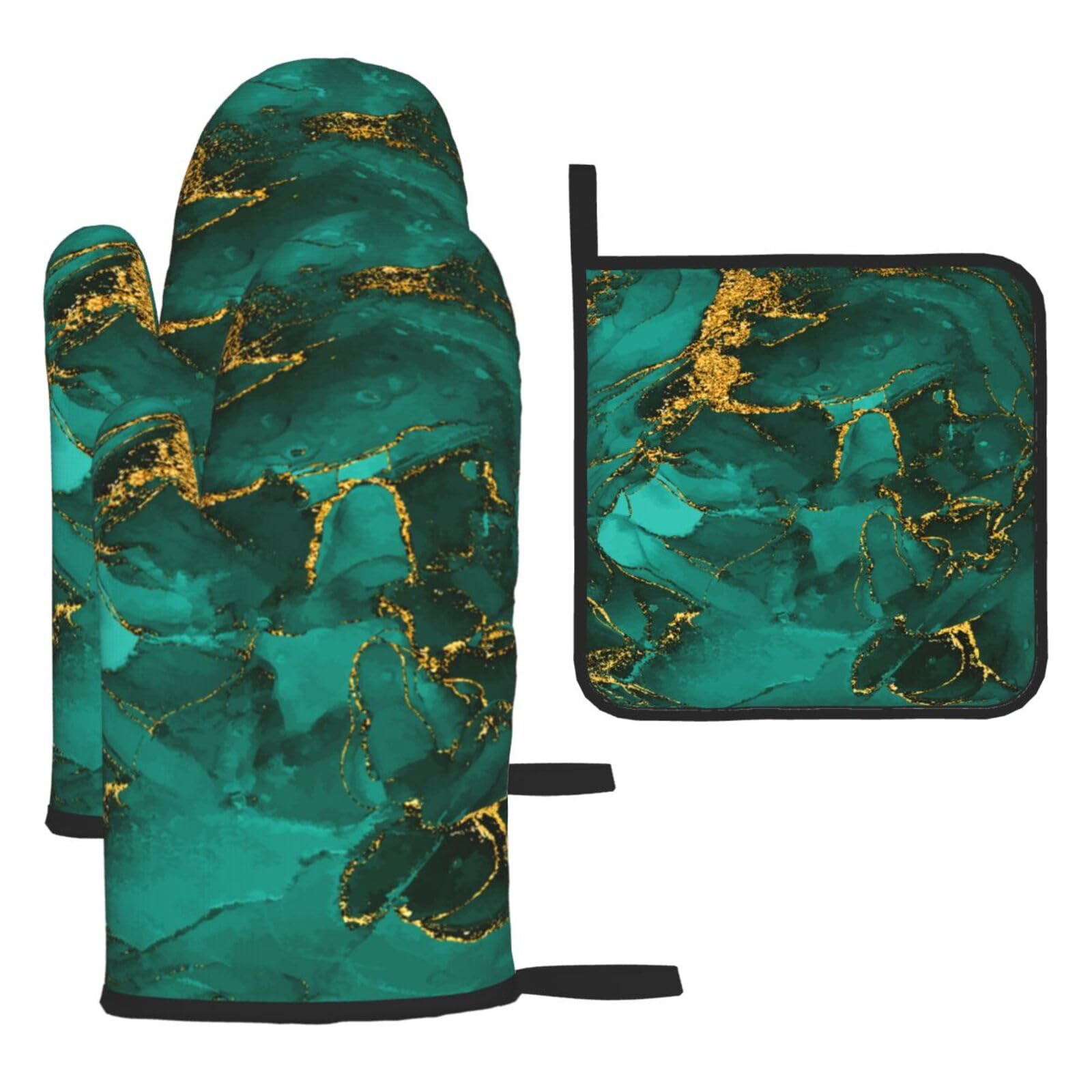 Turquoise Marble Oven Mitts & Pot Holders Set of 3 - Heat Resistant, Non-Slip, Washable Kitchen Accessories for Cooking, Baking, Grilling & BBQ - Perfect for Home Kitchen Decor & Gift Giving