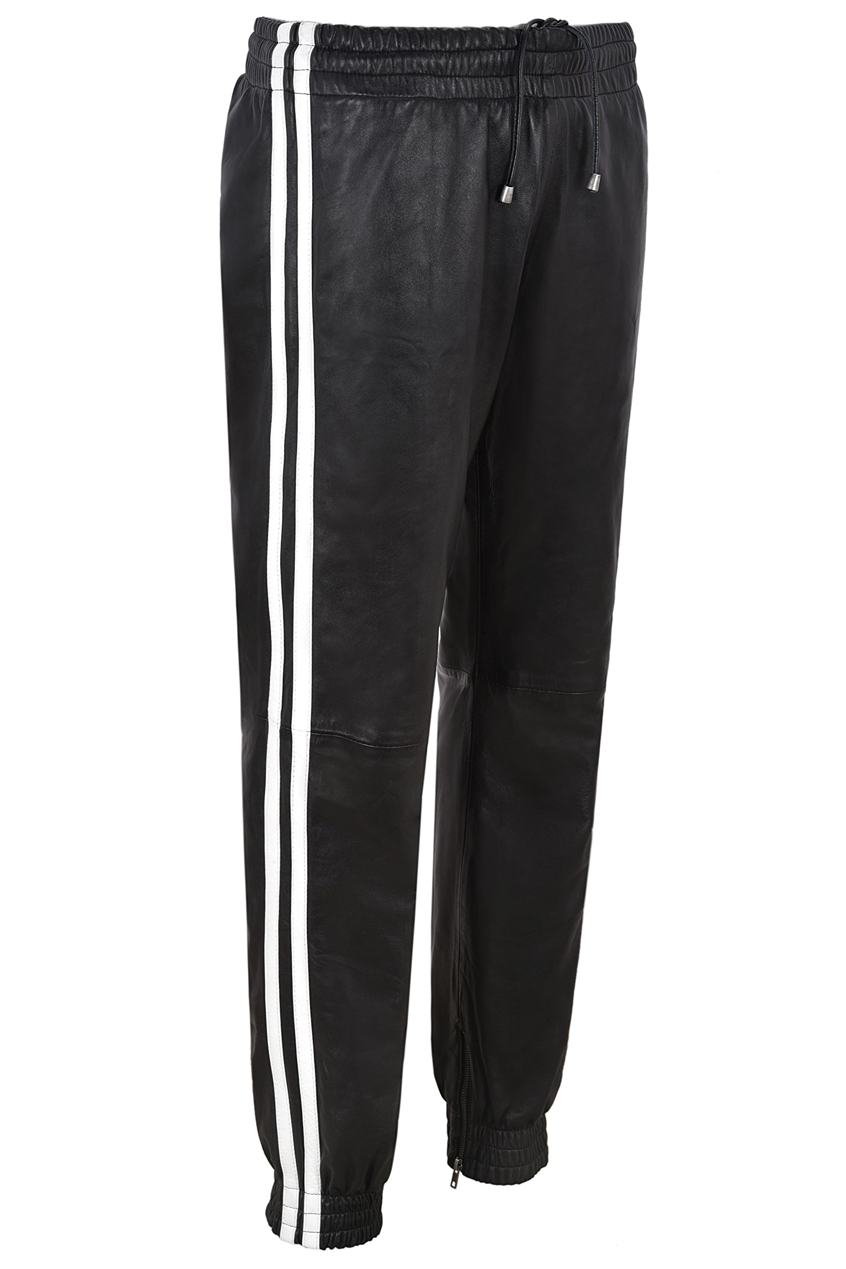 Men's Genuine Leather Jogger Pants - Black with White Straps - Soft Napa Leather Lounge Pants 4051 | Comfortable Streetwear & Casual Outfit for Men