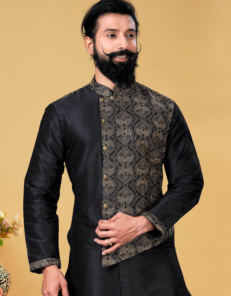 Elegant Black Kurta Dhupion Embroidered Silk Churidar Suit for Women - Perfect for Weddings, Festivals & Special Occasions
