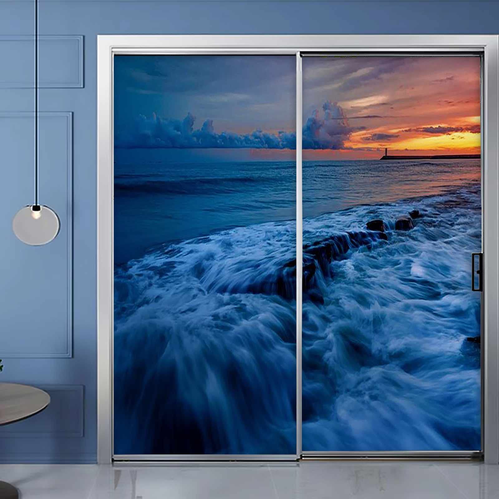 Blue Frosted Glass Window Film - Non-Adhesive Static Cling Privacy Stickers for Bathroom, Home & Office - UV Protection Decorative Cover - Perfect for Beach Houses, Coastal Decor & Indoor Privacy Solutions