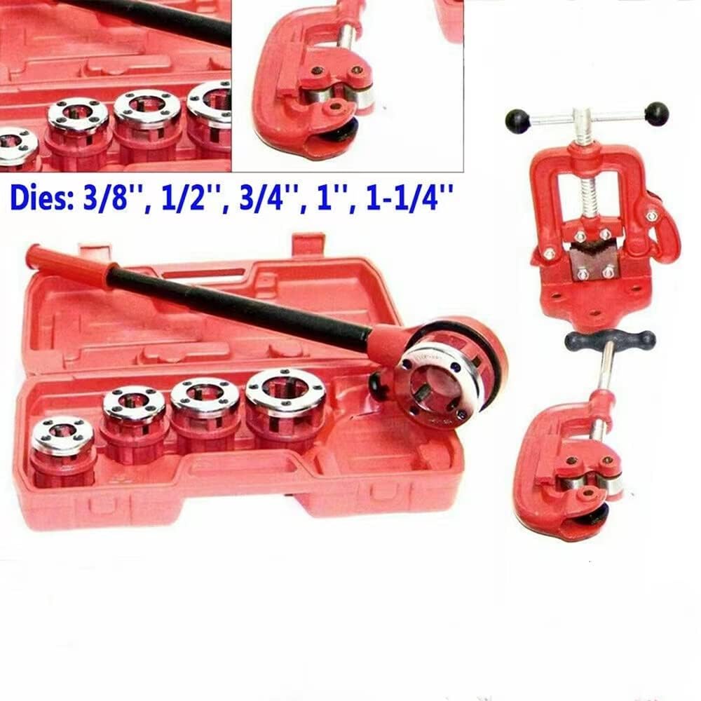OUKANING Ratchet Type Pipe Threader Set with 5 Dies (3/8'' to 1-1/4'') - Professional Plumbing Tool for Pipe Cutting & Threading - USA Stock - Perfect for DIY Home Repairs & Professional Plumbing Projects