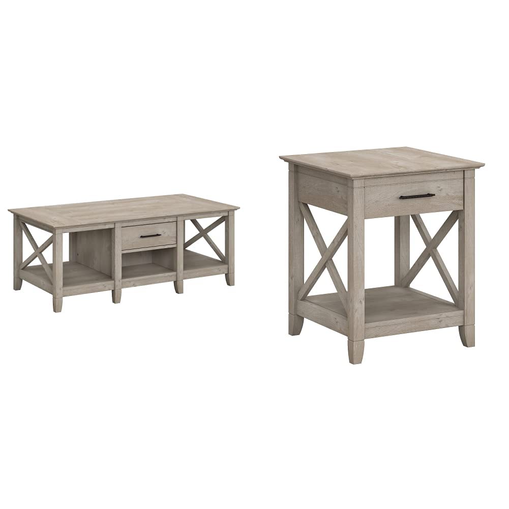 Bush Furniture Key West Coffee Table with Storage & End Table Set, Washed Gray - Modern Living Room Furniture with Hidden Storage for Home Decor