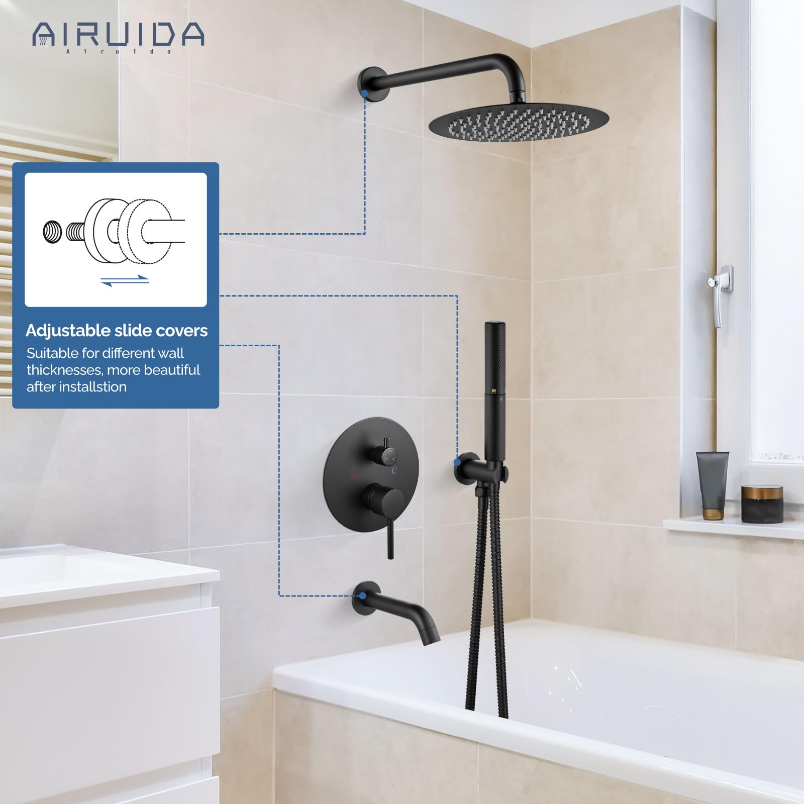 Airuida 12-Inch Matte Black Round Shower System Set - 3-Function Wall Mount Rain Shower Faucet with 2-Function Handheld & Tub Spout - Perfect for Modern Bathroom Renovations and Spa-Like Shower Experience