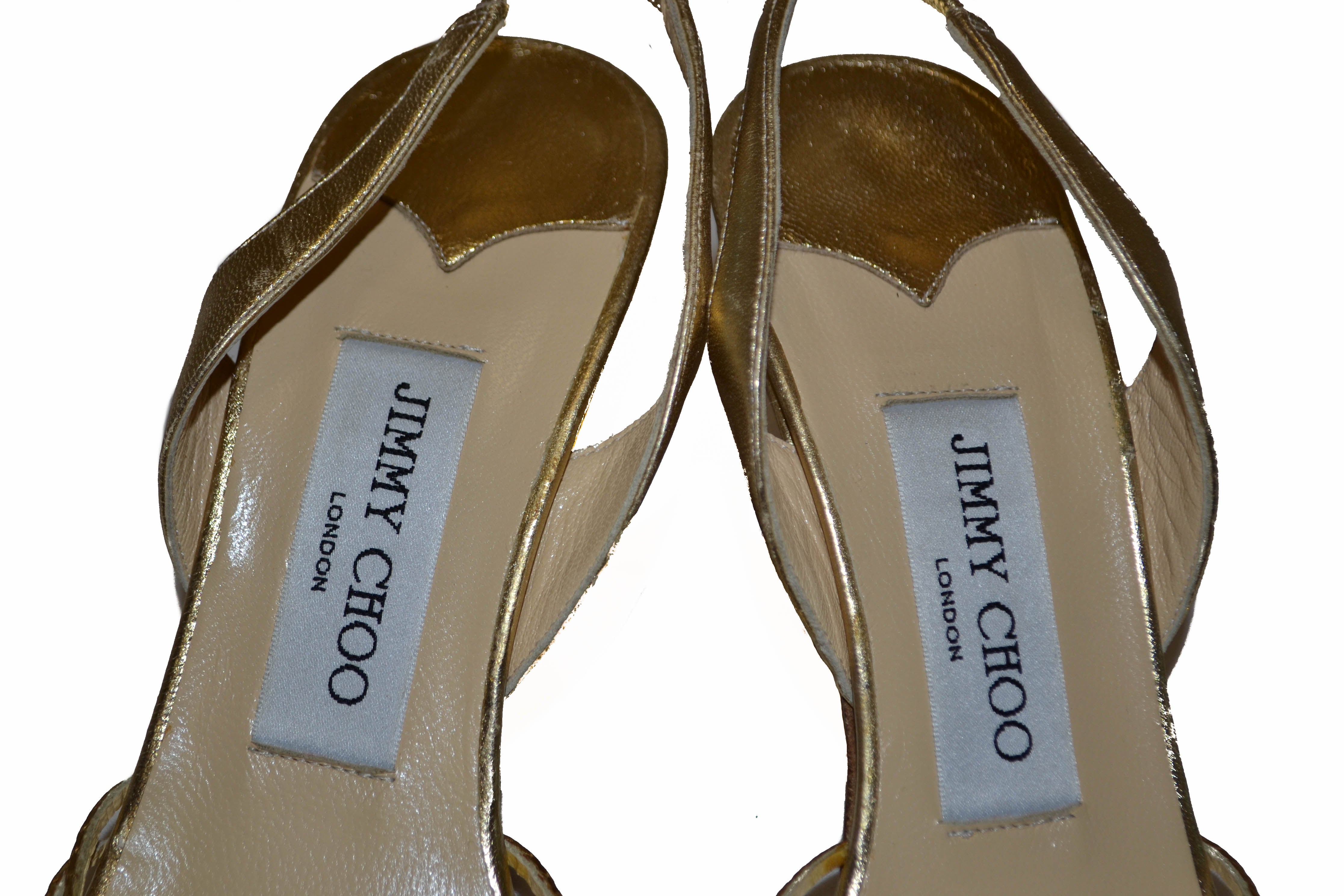 Authentic Jimmy Choo Women's Metallic Gold Sandals Size 36.5 - Luxury High Heel Dress Shoes for Weddings, Parties & Special Occasions