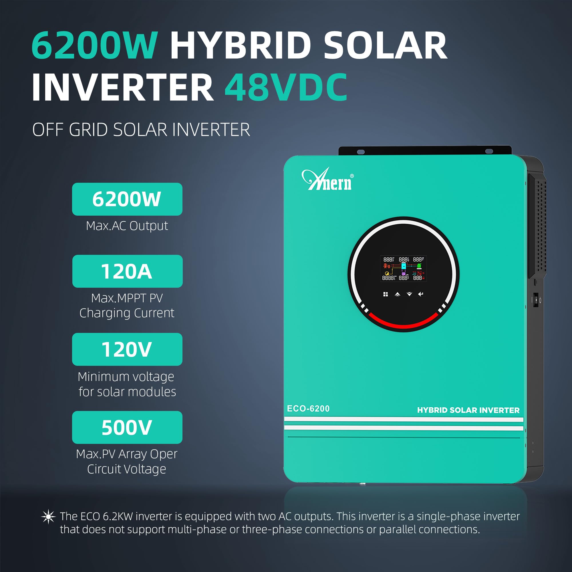 6200W Hybrid Solar Inverter 48V DC to 220-230VAC Pure Sine Wave with 120A MPPT Charge Controller - Compatible with 48V Lithium/Lead-Acid/Gel Batteries for Off-Grid Solar Power System - Perfect for Home, RV, Cabin & Emergency Backup Power