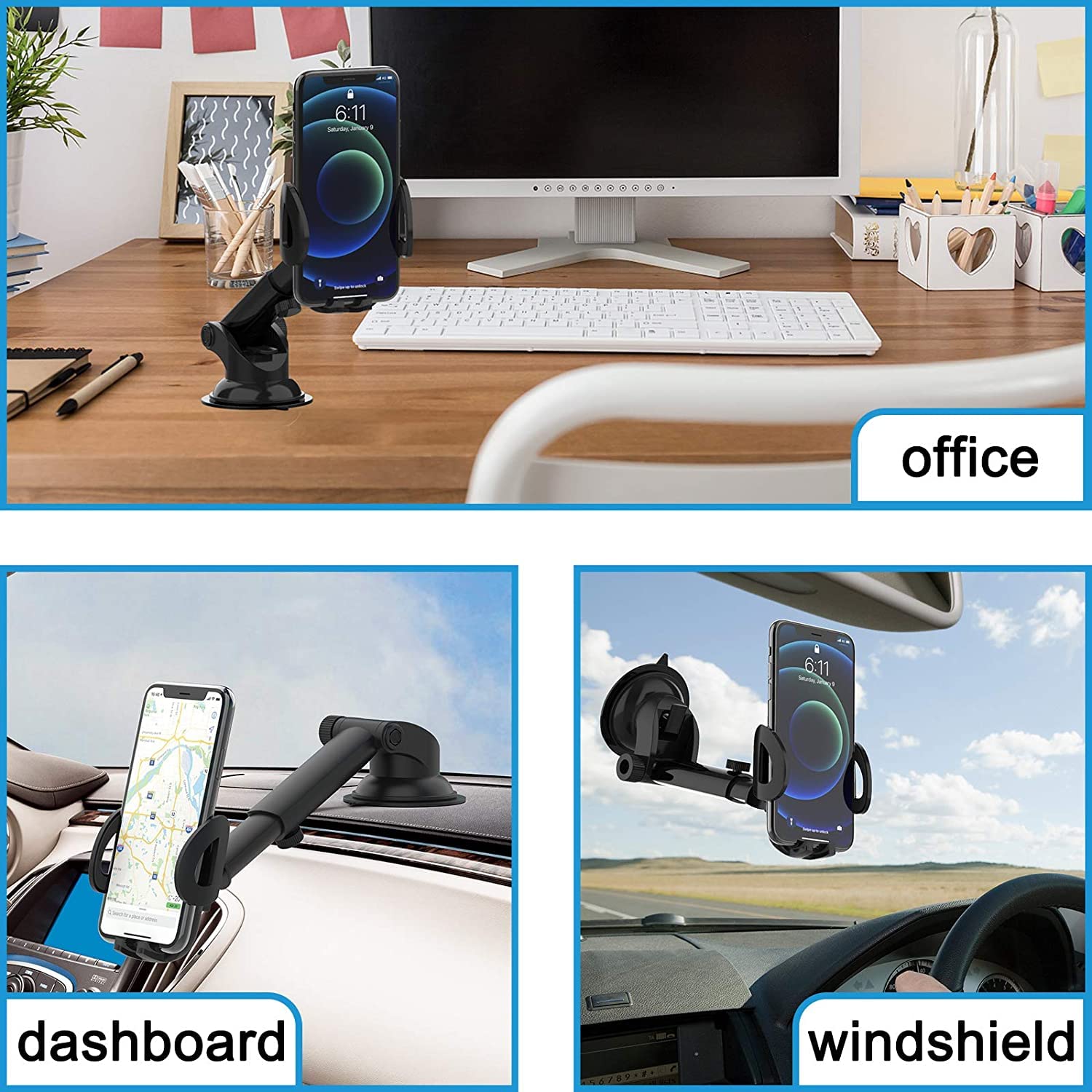 Premium Car Phone Mount Holder - Universal Dashboard & Windshield Cell Phone Stand for iPhone, Samsung & All Smartphones - Perfect for Hands-Free Driving & GPS Navigation