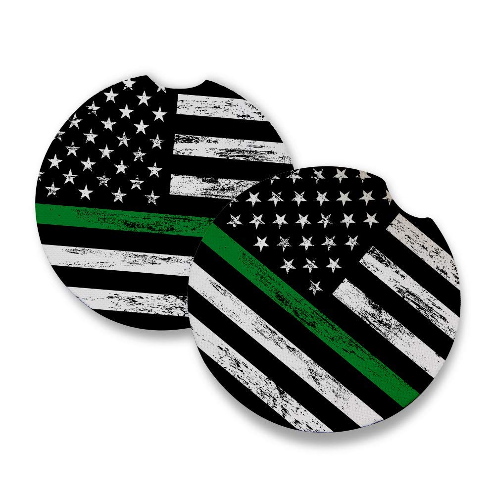 Thin Green Line Car Coasters Set of 2 - Absorbent Drink Coasters with Rubber Backing (2.56 Inches) - Perfect Car Accessories for Coffee, Soda & Beverages - Ideal for Road Trips, Commuting & Daily Use