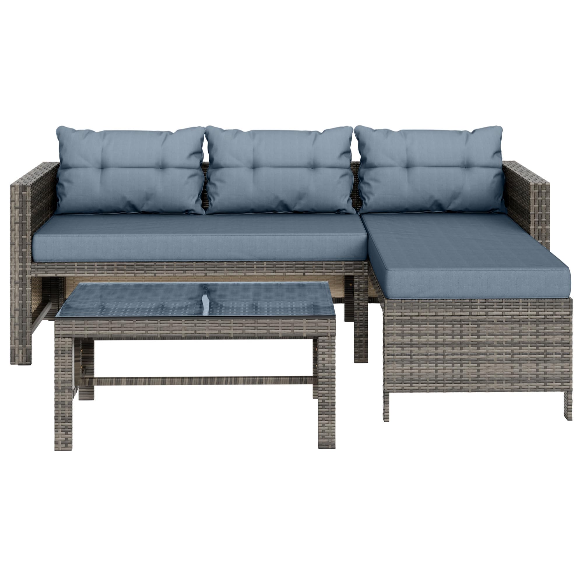 Vongrasig 3-Piece All-Weather Wicker Patio Furniture Set - Outdoor Sofa Sectional with Cushions & Glass Table - Blue Garden Conversation Set for Backyard, Deck, Poolside or Balcony