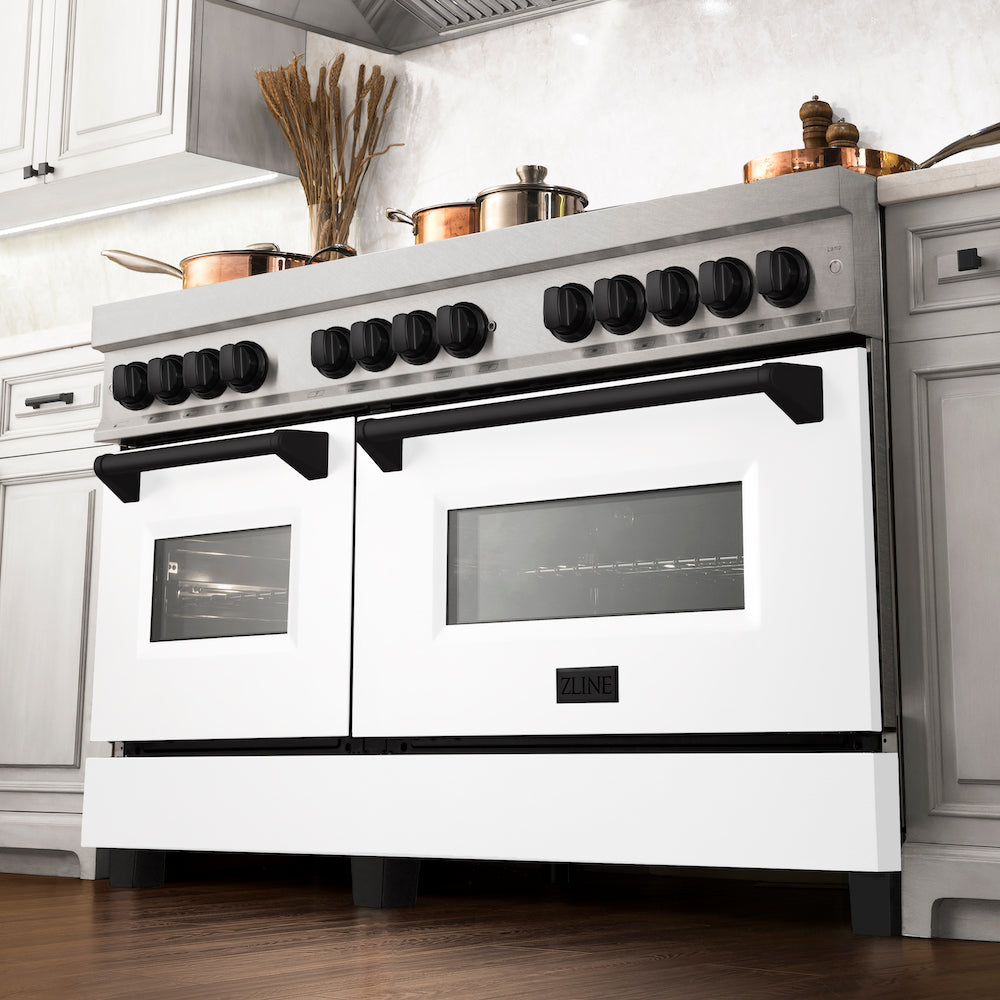 ZLINE Autograph Edition 60-inch 7.4 cu. ft. Dual Fuel Range with 9-Burner Gas Cooktop & 2 Electric Convection Ovens - Satin Stainless Steel with White Matte Doors & Matte Black Accents (RASZ WM 60 MB) | Professional Kitchen Appliance for Home Chefs & Cooking Enthusiasts