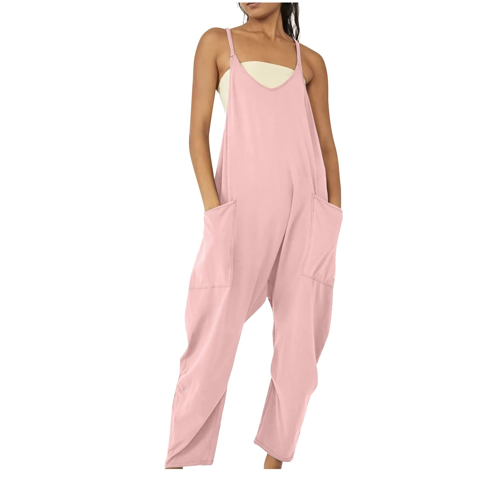 Women's Casual Sleeveless Jumpsuit - Loose Fit Adjustable Spaghetti Strap Romper with Pockets | Stretchy Long Pant Overalls for Summer, Beach, Travel & Daily Wear