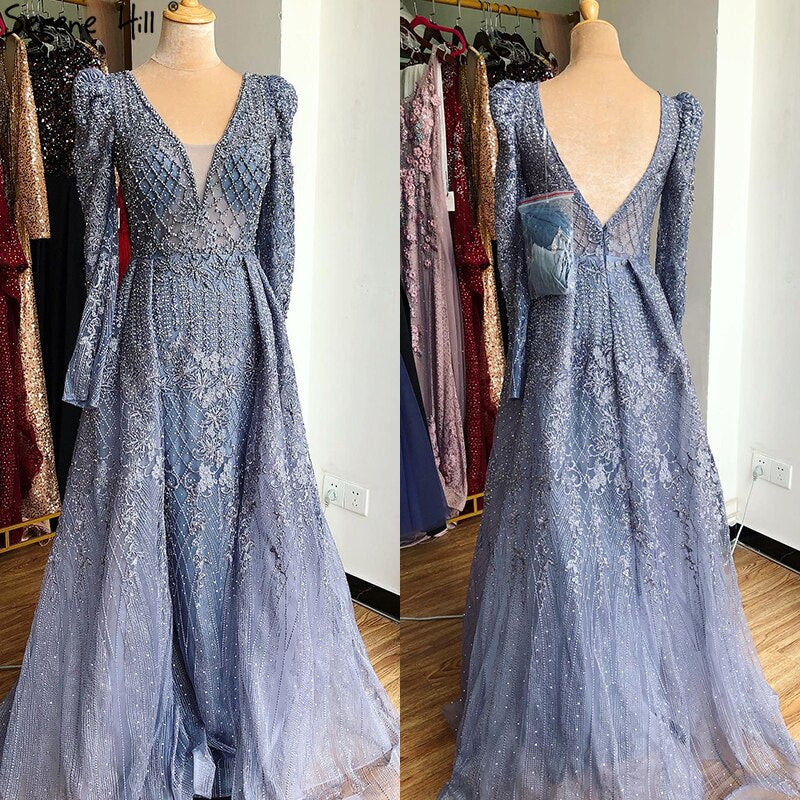 Luxury Wine Red Mermaid Evening Dress with V-Neck & Long Sleeves - Beaded Crystal Formal Gown for Dubai Parties, Prom, Gala & Special Occasions | Serene Hill LA70537 | 2025 Fashion Trends