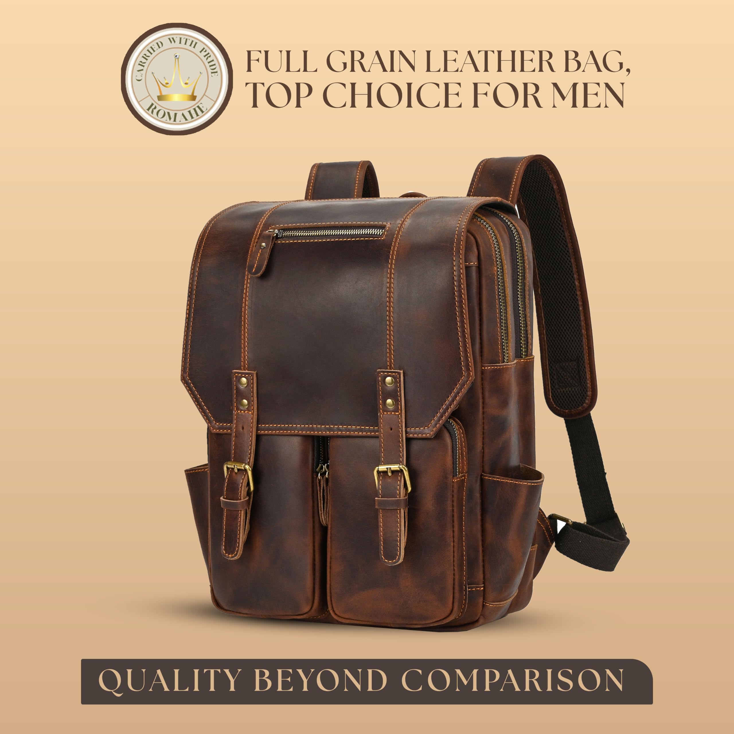 Premium Full Grain Leather Backpack for Men & Women - Large Capacity Travel & Work Backpack with 15.6