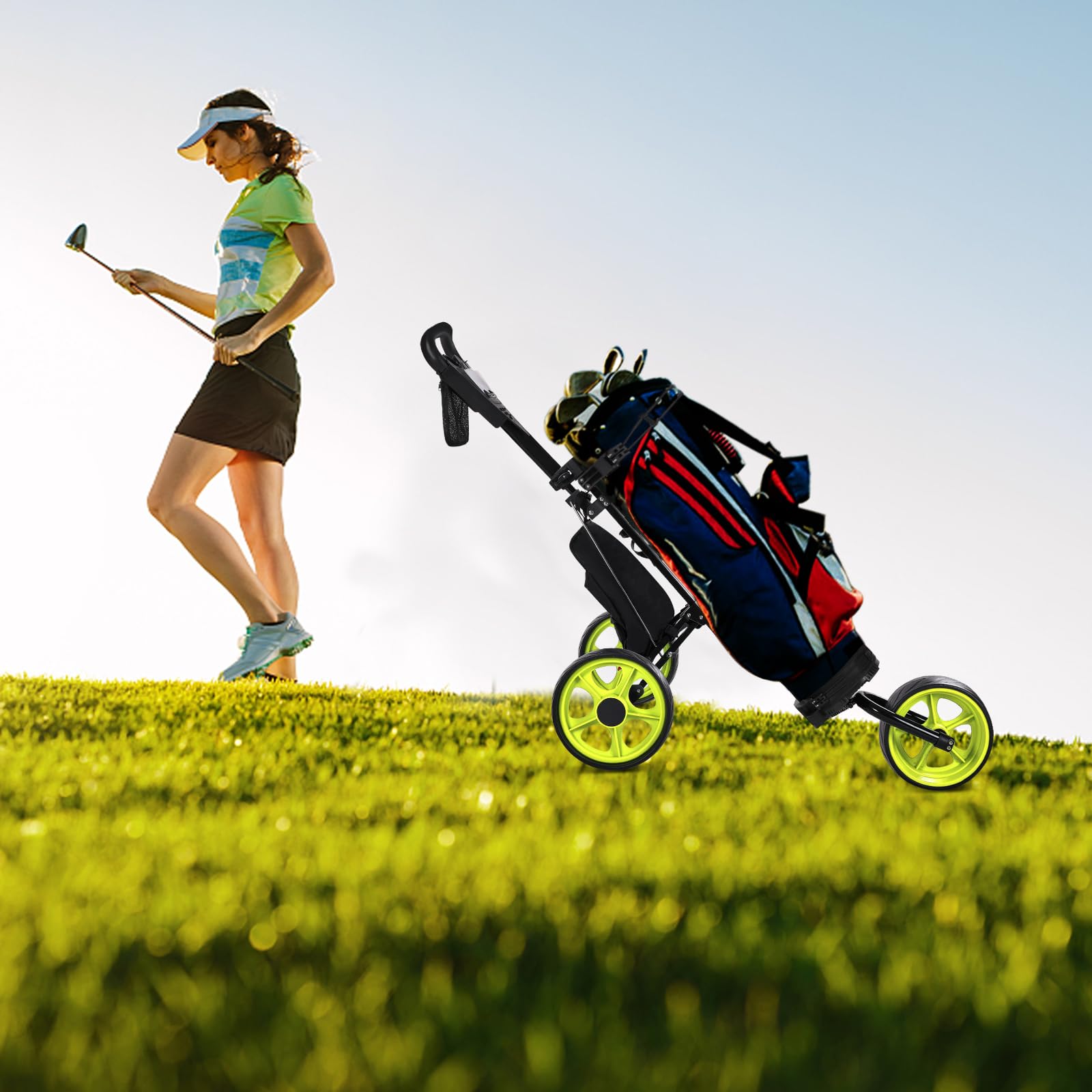 JANUS Foldable Golf Push Cart - Lightweight Golf Bag Caddy for Stand & Cart Bags | Compatible with Large/Small Wings | Includes Cooler Bag | Perfect for Course Rounds & Practice Sessions