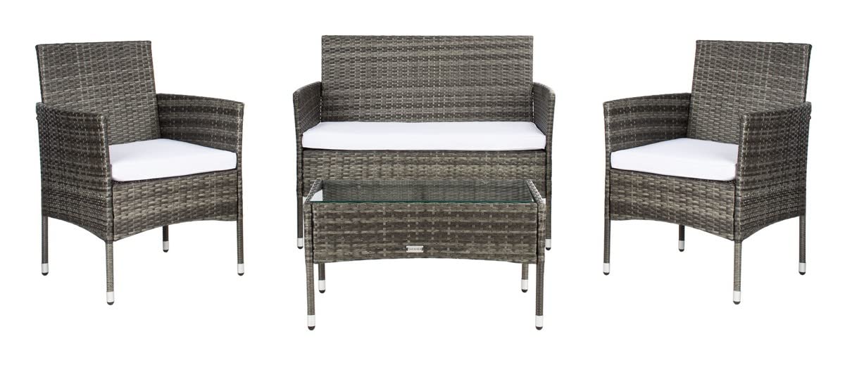 SAFAVIEH Outdoor Collection Abdul Grey/Brown & White 4-Piece Patio Conversation Set with Cushions (PAT7504C) - Perfect for Backyard, Garden, Poolside & Outdoor Lounge Areas