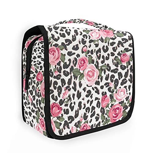 Cute Rose Flower Leopard Cheetah Hanging Toiletry Bag - Waterproof Travel Makeup Organizer with Clear Pockets for Cosmetics & Toiletries - Perfect for Vacation, Gym, Camping & Business Trips
