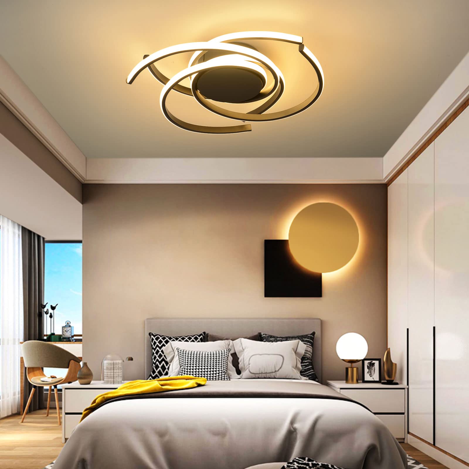 Modern LED Ceiling Light with Remote Control - Dimmable Acrylic Chandelier Flush Mount Pendant Lamp 22 Inch (56cm) Black for Living Room, Bedroom, Dining Room, Kitchen Island & Office - Energy Efficient Lighting for Home Decor & Interior Design
