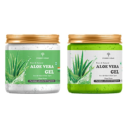 Forest Ocean 100% Pure Aloe Vera Gel (Transparent & Green) Combo Pack - Vitamin E Enriched for Hair & Skin Care - Deep Hydration & Nourishment - Paraben & Silicone Free - 175ml x 2 - Perfect for Sunburn Relief, Daily Moisturizing & After-Sun Care