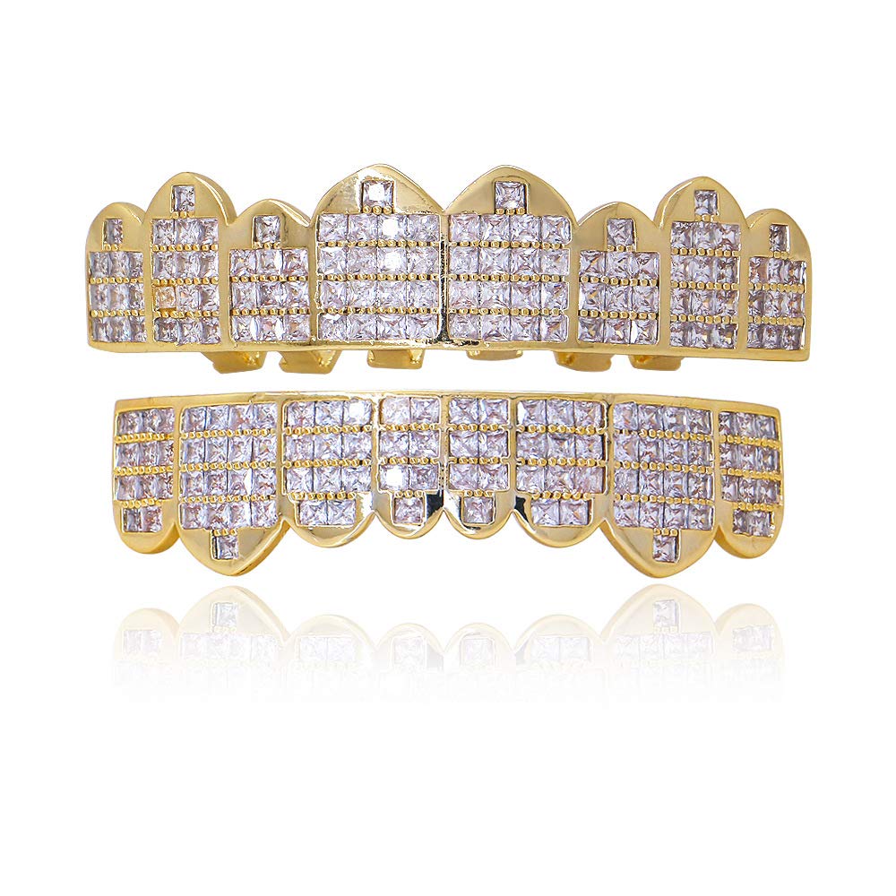 Diamond Pave CZ Gold & Silver Grillz for Men & Women - Square Hip Hop Teeth Jewelry for Parties, Concerts & Special Events