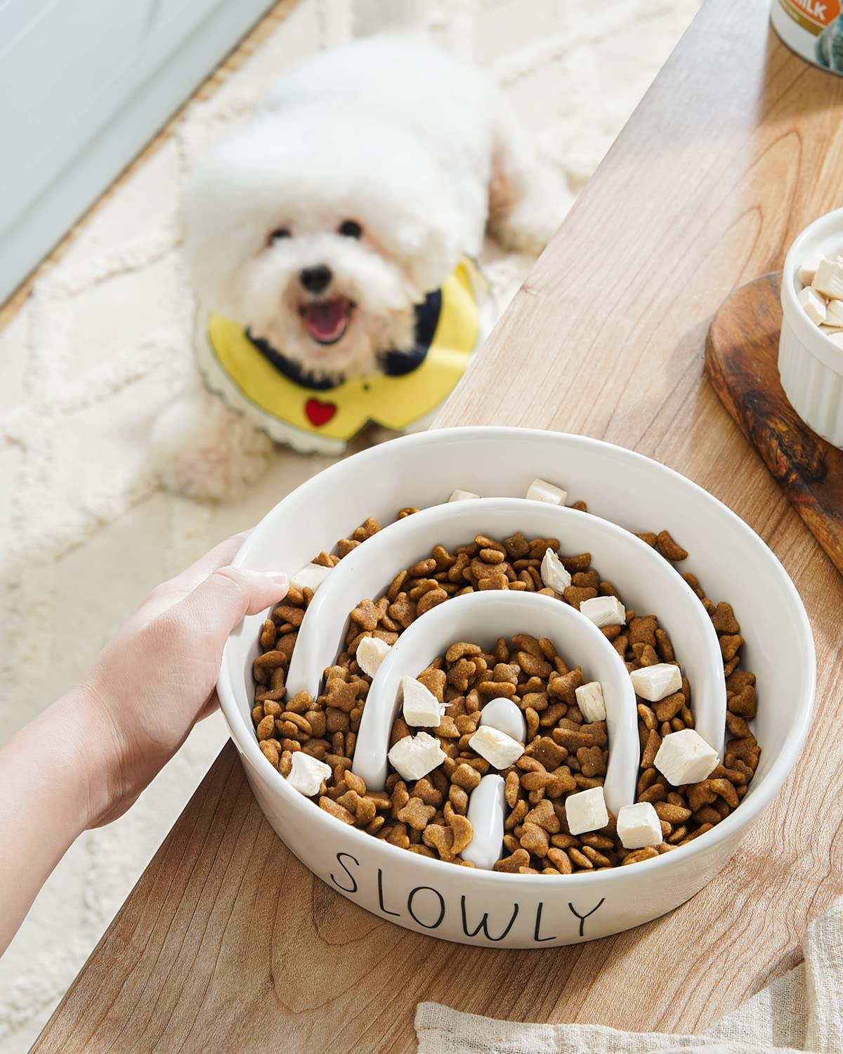 Slow Feeder Dog Bowl - 1.5 Cup Ceramic Puzzle Feeder for Small & Medium Dogs | Maze Design Food Bowl for Puppies & Fast Eaters | White Pet Dish to Control Eating Speed | Perfect for Mealtime Enrichment & Digestion Aid