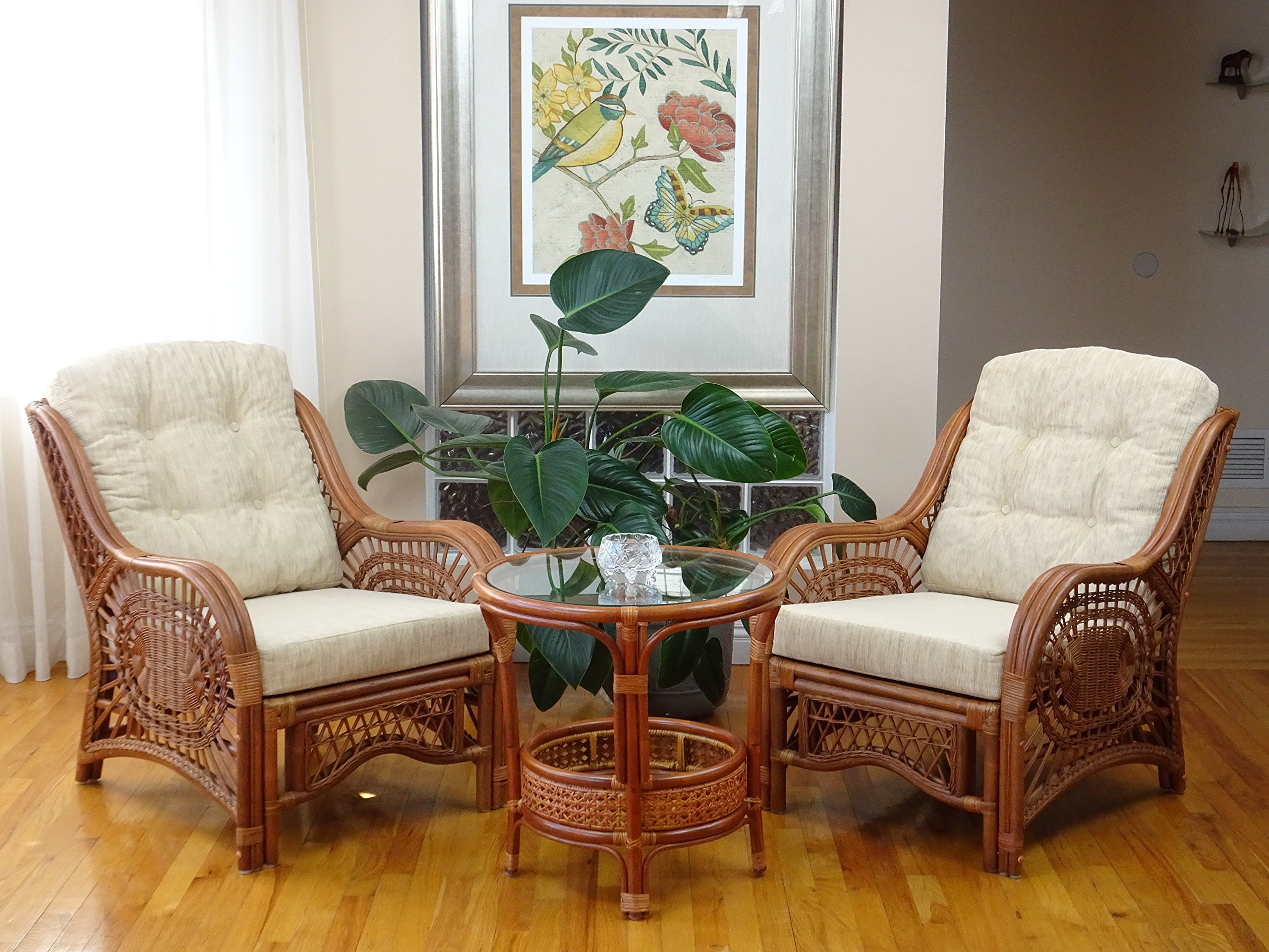Malibu Rattan Chairs & Coffee Table Set - Cream Cushions, Handmade for Patio & Garden