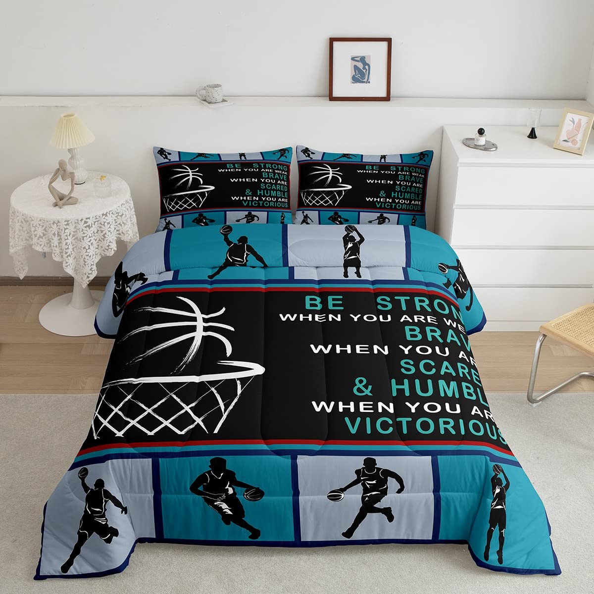 Erosebridal Basketball Comforter Set - Sports Themed Duvet Cover with 2 Pillow Shams for Kids & Teens, Hippie Patchwork Bedding for Queen Size Beds - Perfect for Basketball Lovers' Bedroom Decor & Game Room Themes