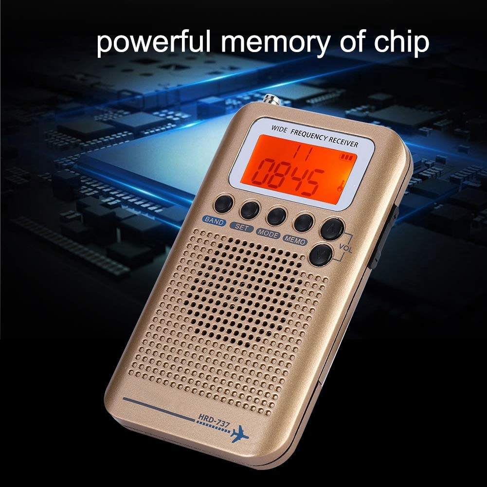Portable Air Band Radio Receiver - Full Band AM/FM/CB/SW/VHF Handheld Aircraft Radio with Extended Antenna, LCD Display, Alarm & Earphones (Gold) | Perfect for Aviation Enthusiasts, Emergency Preparedness & Outdoor Adventures
