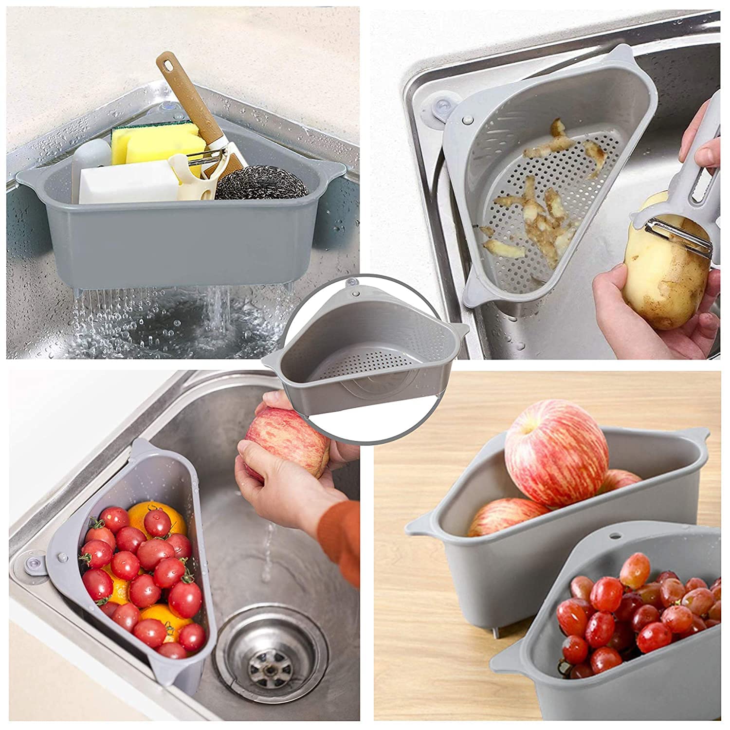 HROY Plastic Kitchen Sink Organizer - 2 Pack Grey Dish Drain Rack with Storage Basket for Sponges, Soap & Vegetables | Space Saving Sink Shelf for Small Kitchens & RV Use