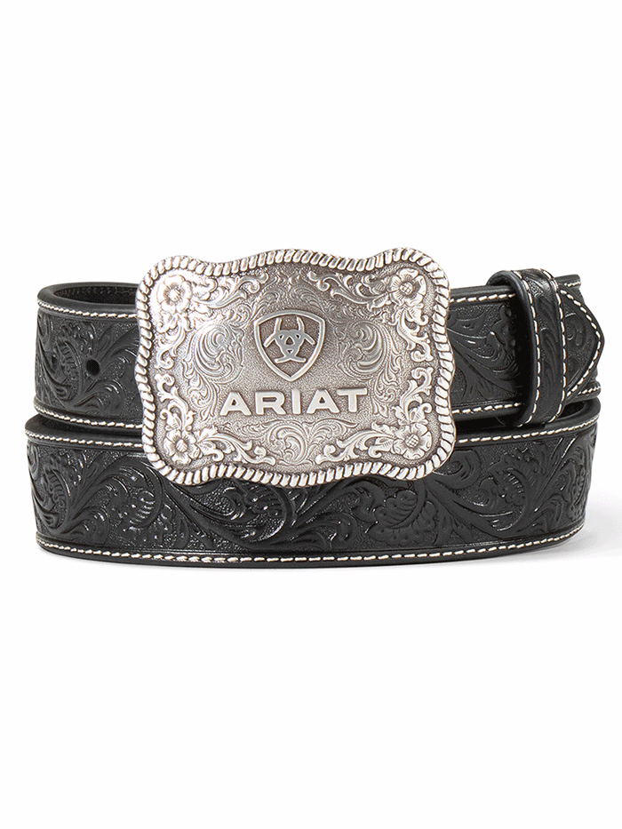 Ariat A1020401 Men's Genuine Leather Belt with Embossed Plate Buckle - Black - Perfect for Western Wear, Cowboy Boots & Casual Outfits