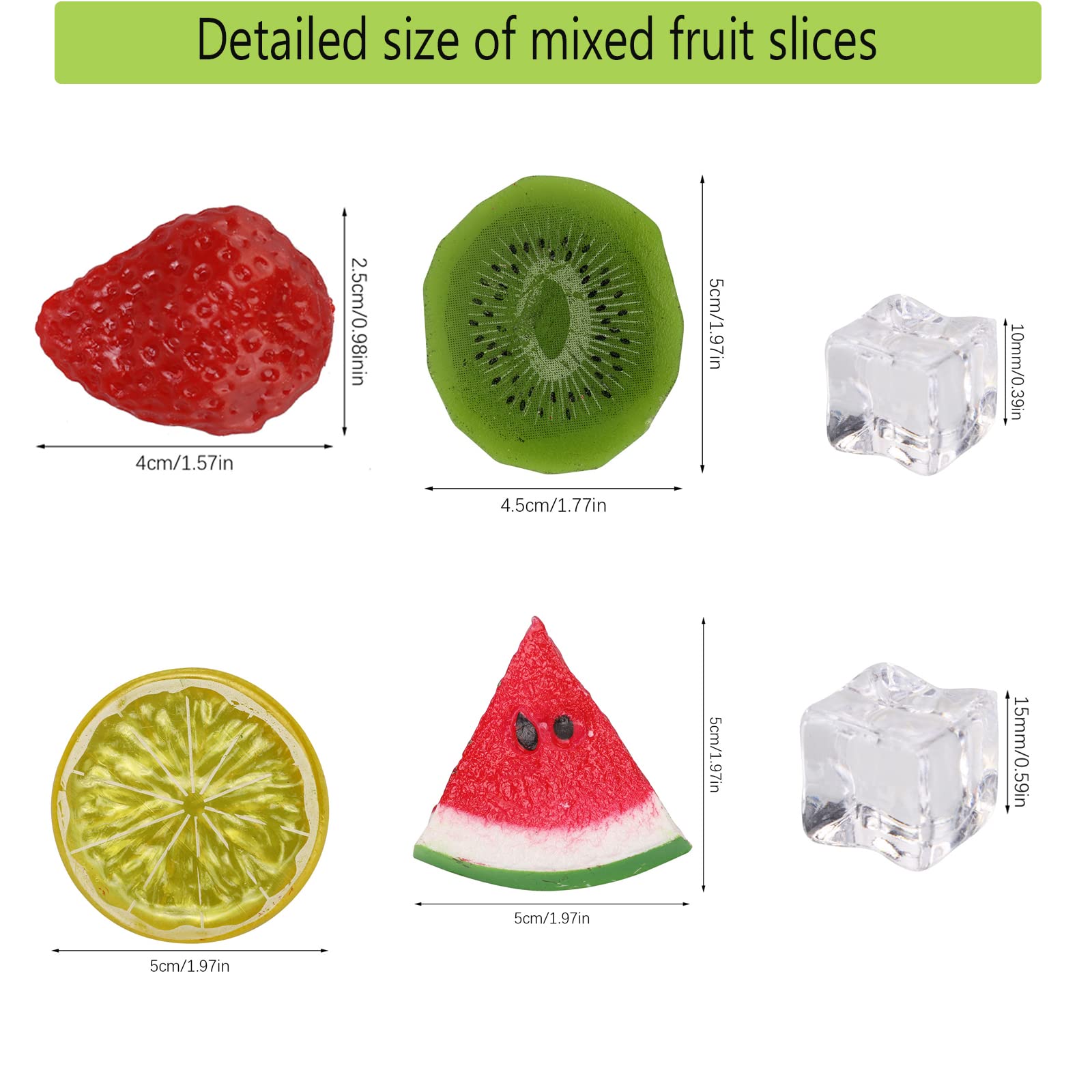 48Pcs Fake Fruit Plastic Fruit Set - Mixed Artificial Fruit Slices (Lemons, Kiwi, Strawberry, Watermelon) & Ice Cubes for Home Decor, Kitchen Display, Party & Wedding Decoration - Realistic Fake Fruit for Table Centerpieces, Dessert Displays & Photography Props