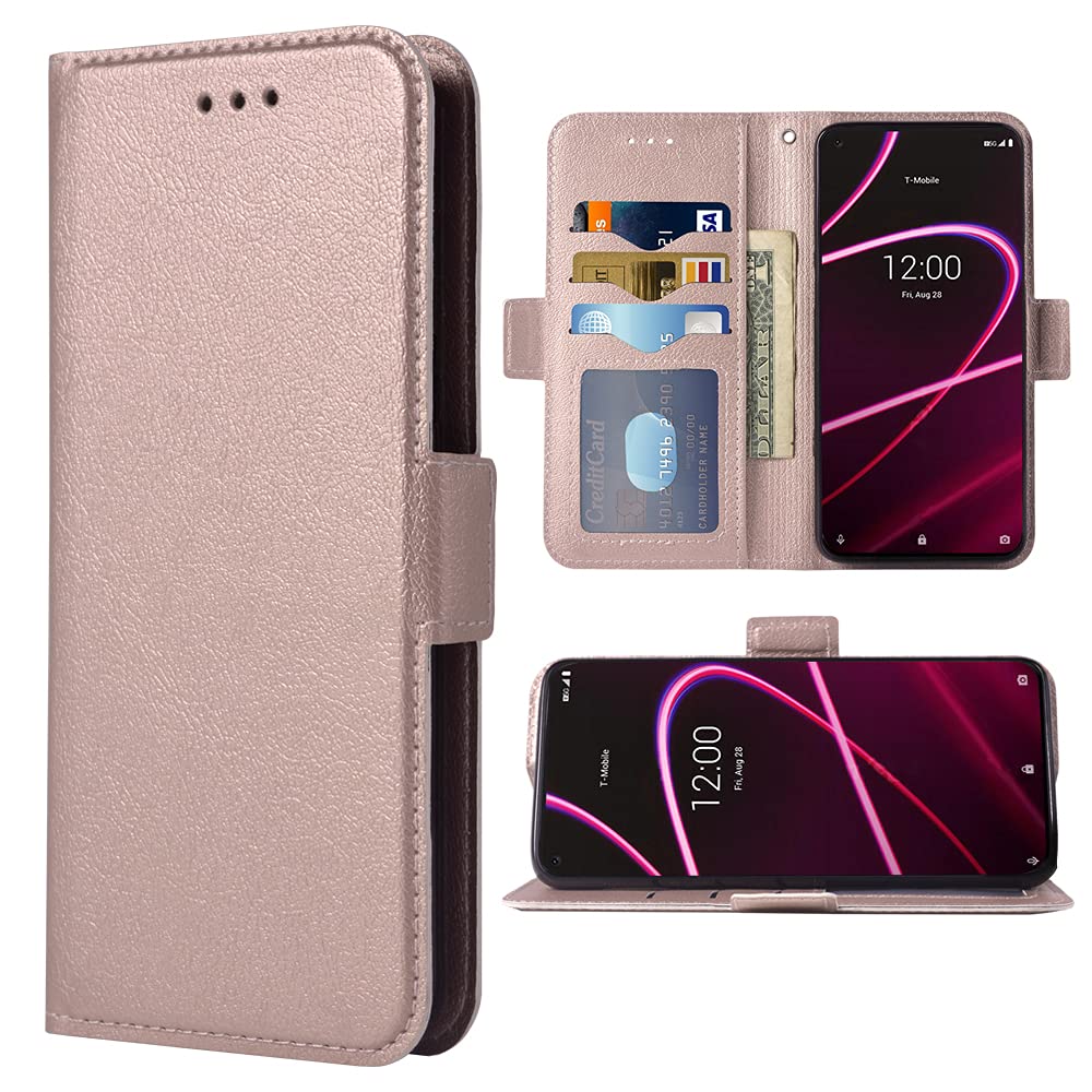Premium Leather Wallet Case with Wrist Strap & Card Holder for T-Mobile Revvl 5G/TCL Revel G5 (T790W) - Rose Gold Flip Cover with Stand | Perfect for Daily Use, Travel & Hands-Free Convenience