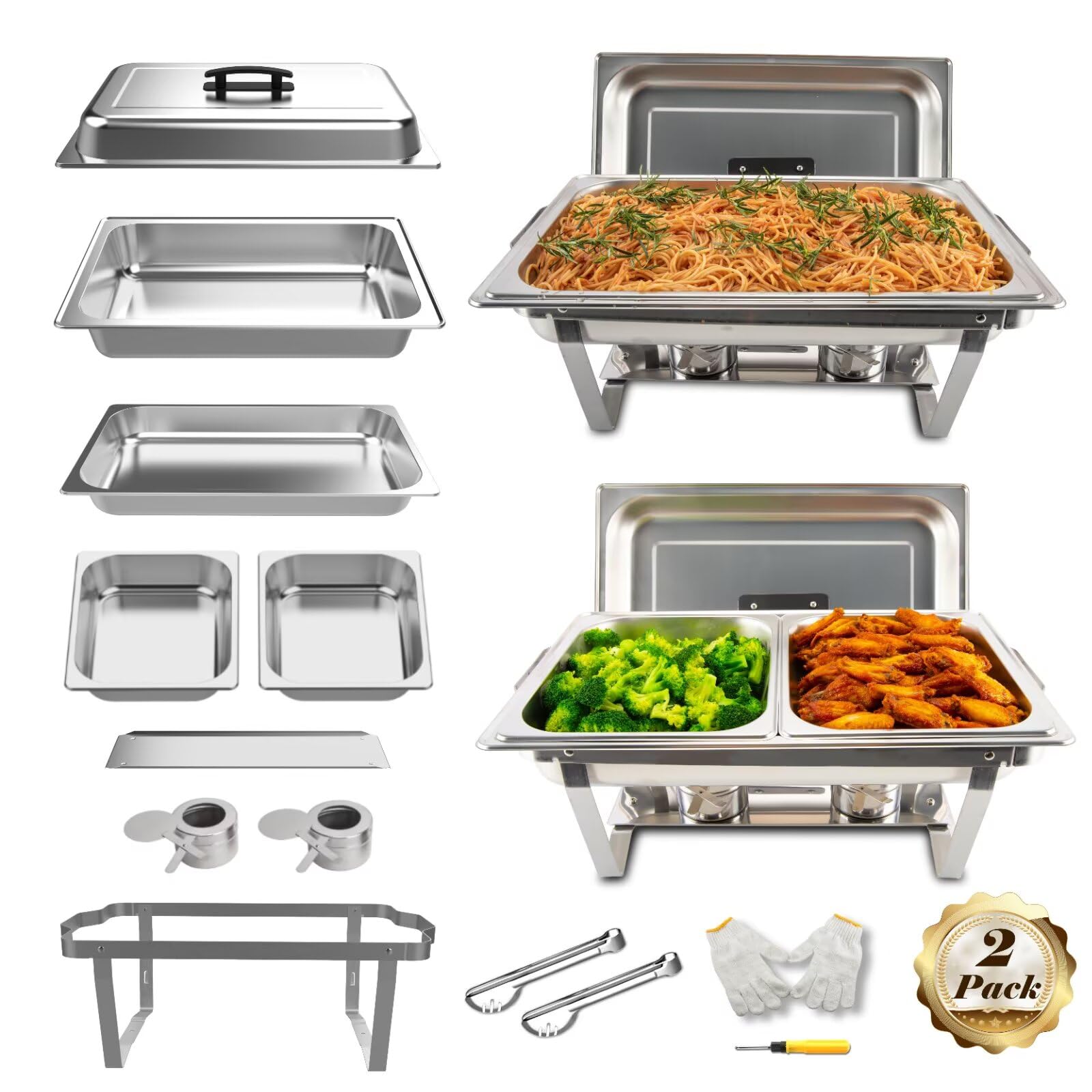 2 Pack 8QT Stainless Steel Rectangular Chafing Dish Buffet Set - Includes Full & Half Food Pans, Fuel Holder & Foldable Frame - Perfect for Catering, Weddings, Parties, Banquets & Buffet Events - Keep Food Warm for Hours