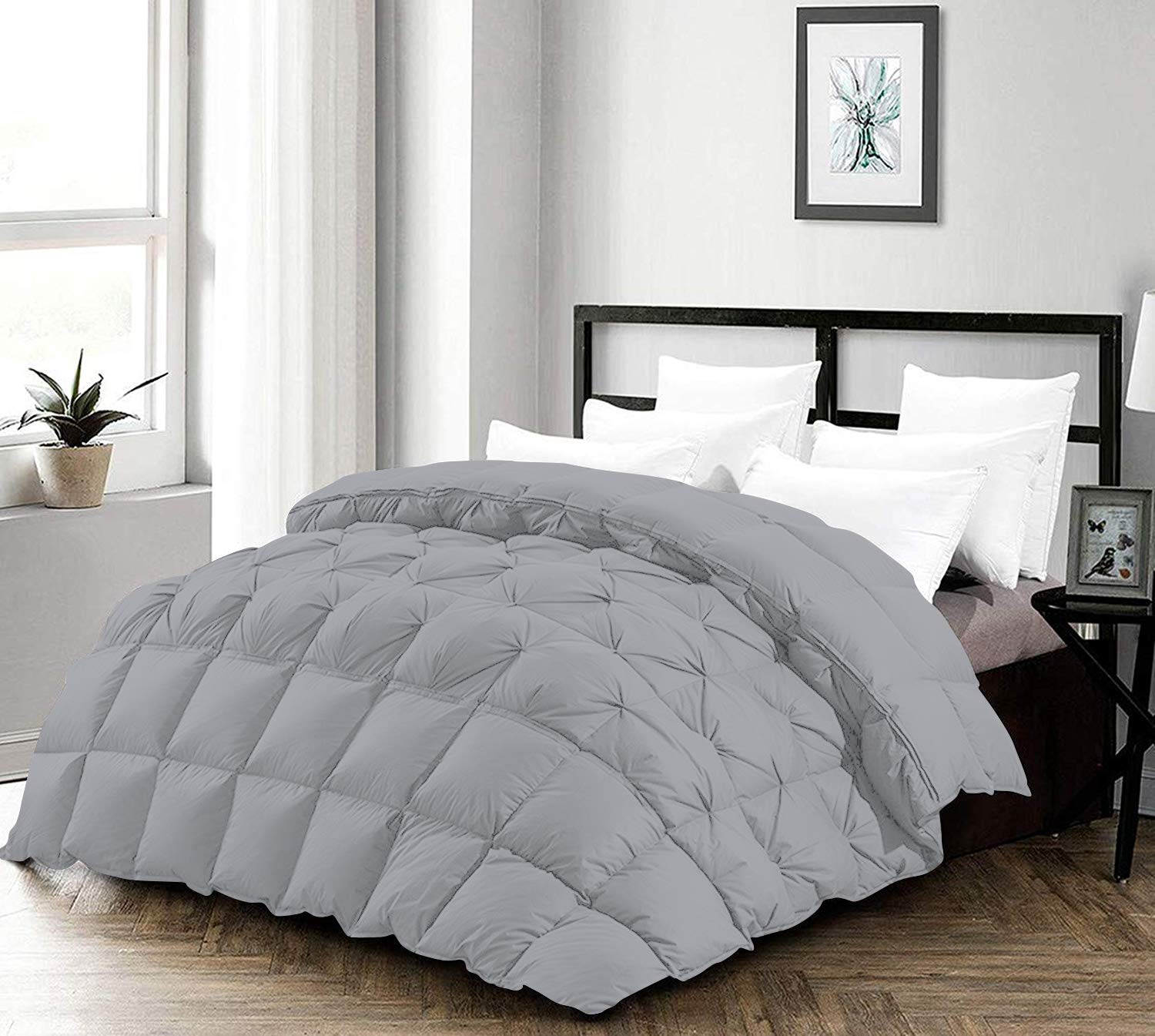 Premium 1000 Thread Count 100% Egyptian Cotton Half Pinch Pleated Comforter Set - Ultra Soft Oversized Super King Size in Silver | Luxury Bedding for Master Bedroom, Guest Room & Hotel Decor