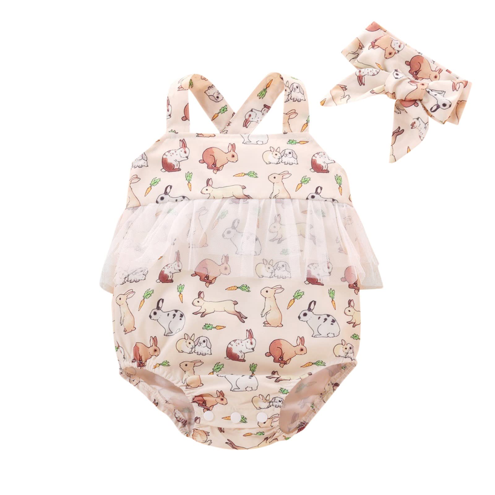 Cute Rabbit Printed Baby Girl Tracksuit Set with Headband - Soft Bodysuit & Romper Outfit for Infant & Toddler - Perfect for Playtime, Photoshoots & Special Occasions