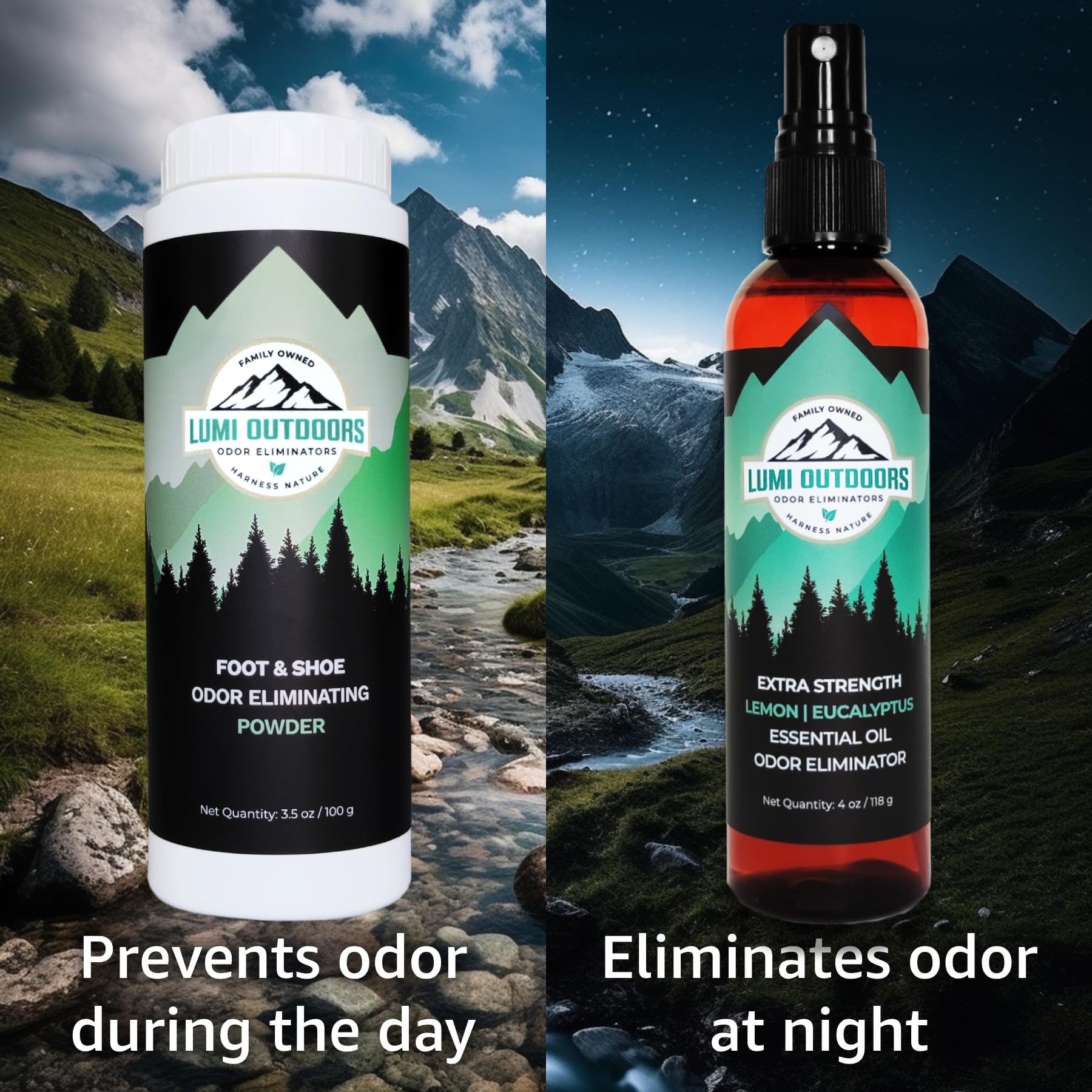 Lumi Outdoors Natural Shoe Deodorizer Spray & Foot Powder Bundle - Lemon Eucalyptus Scent | Eliminate Odor & Freshen Shoes | Perfect for Hiking, Gym & Daily Use