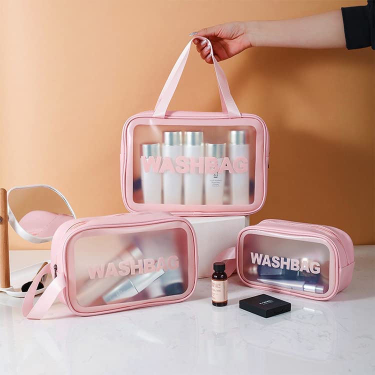 WELL ENTERPRISE 3-Pack Pink Transparent Cosmetic Wash Bags - Waterproof Makeup Pouch & Travel Toiletry Organizer with Zipper & Handle for Women & Men - Perfect for Gym, Travel, and Daily Beauty Storage