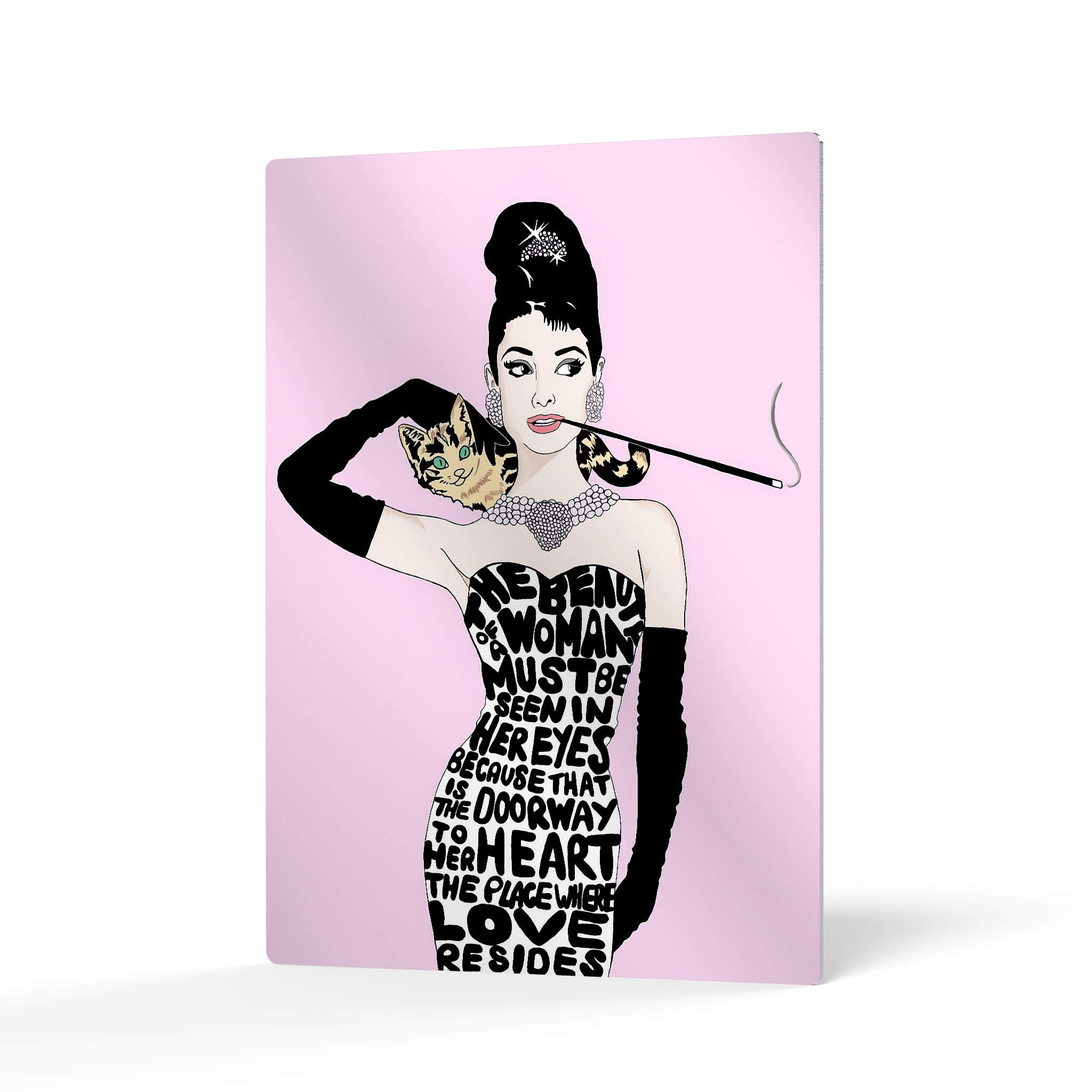 HB Art Design Audrey Hepburn Wall Art with Cat - Breakfast at Tiffany's Movie Inspired Digital Print on Metal - Pink Background Home Decor (24x16 Inches) - Perfect for Bedroom, Living Room & Office Wall Decor