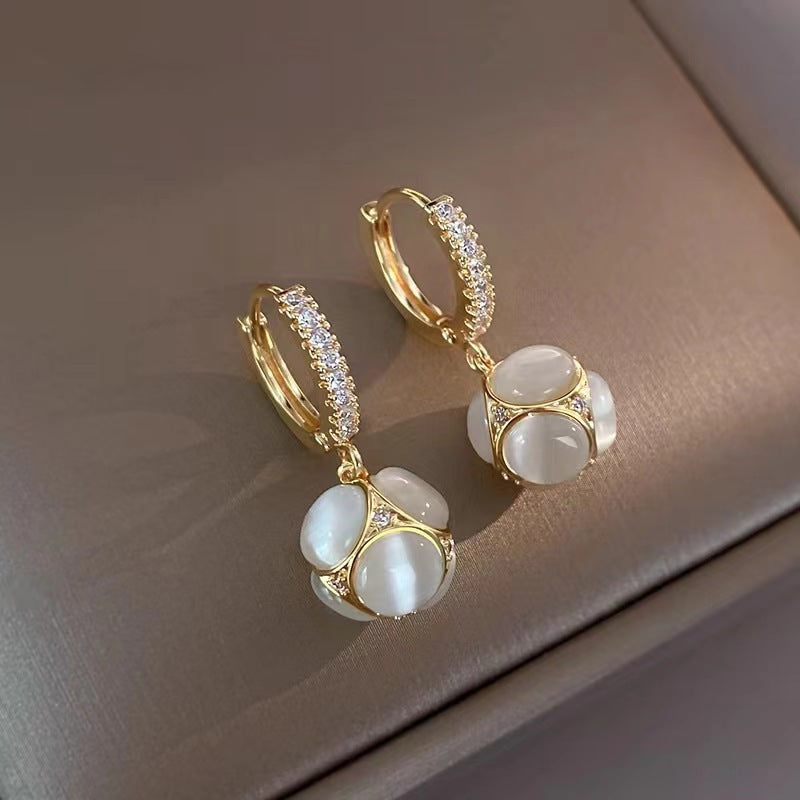 Vintage Cat Eye Stone Ball Hoop Earrings for Women - Elegant Gold/Silver Dangle Earrings | Perfect for Parties, Weddings & Everyday Wear | A7573
