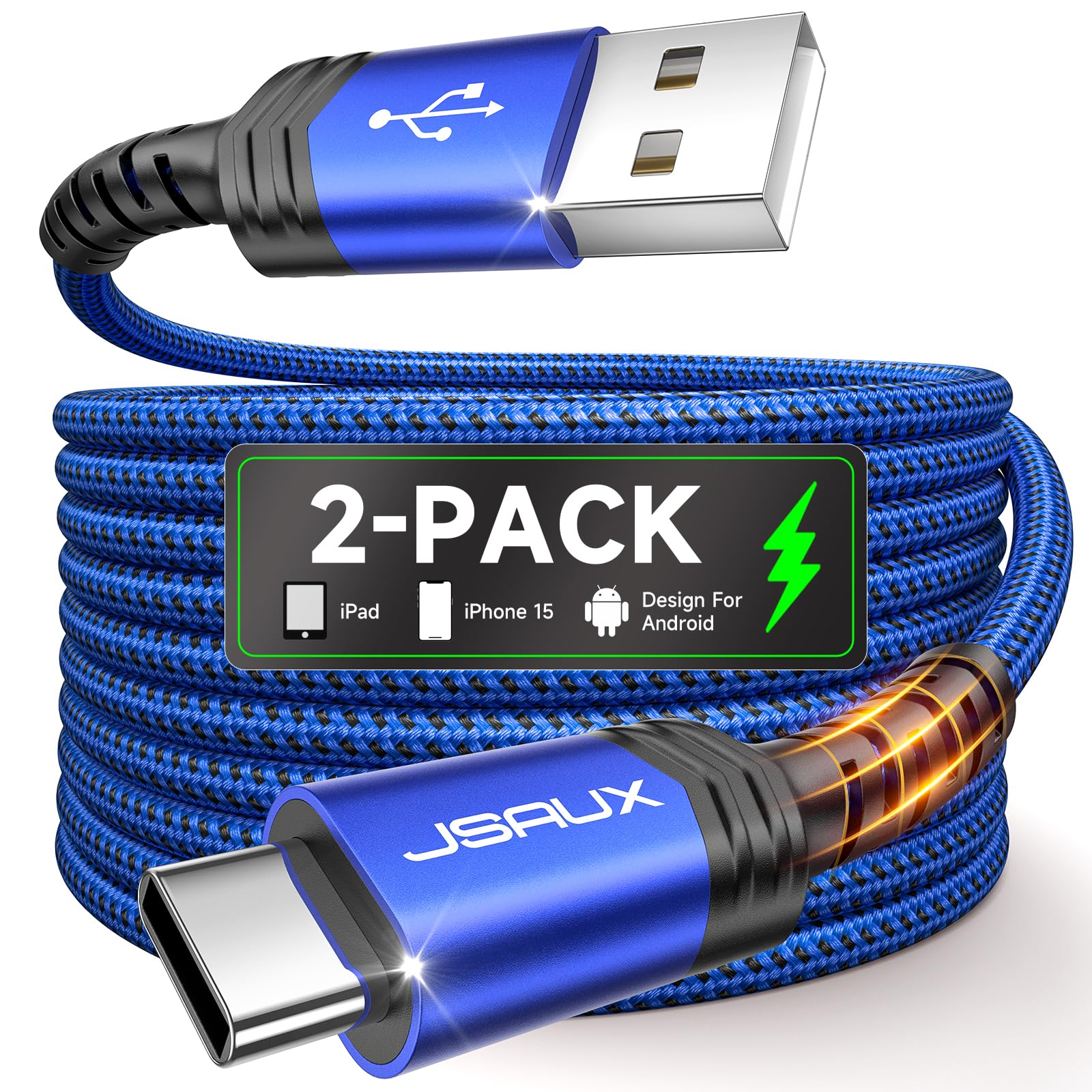 JSAUX USB C to USB A Cable 2-Pack 6.6ft, Fast Charging 3.1A Cord Compatible with iPhone 16/15 Series, Samsung Galaxy S20/S10/S9, Note 20/10, CarPlay - Blue | Perfect for Home, Office & Car Charging