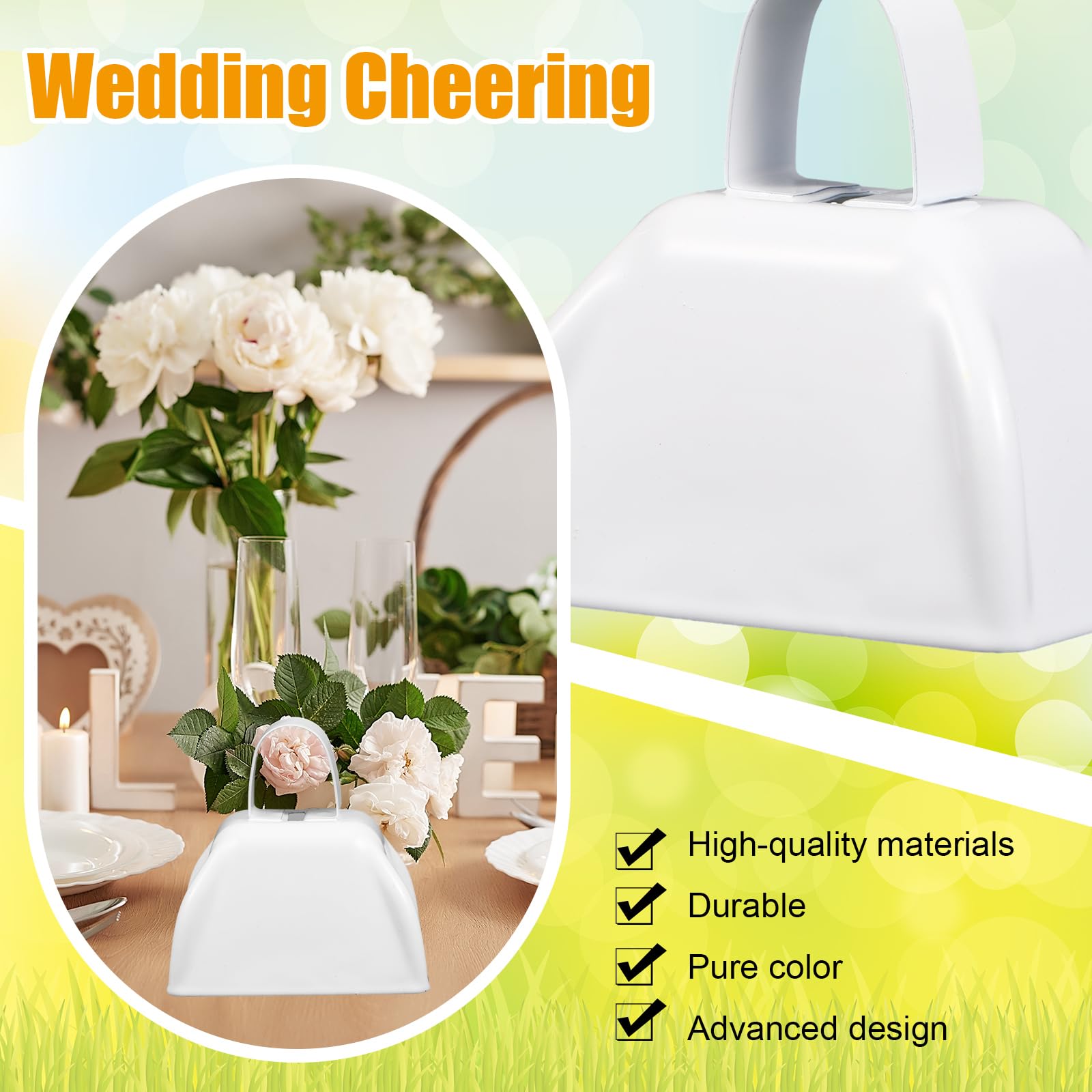 100-Piece Metal Cowbell with Handle - Loud Noise Makers for Sporting Events, Football Games, Weddings & Cheering (3x2.8x2.5 Inch, White) - Perfect for Tailgating, School Spirit Events & Outdoor Celebrations