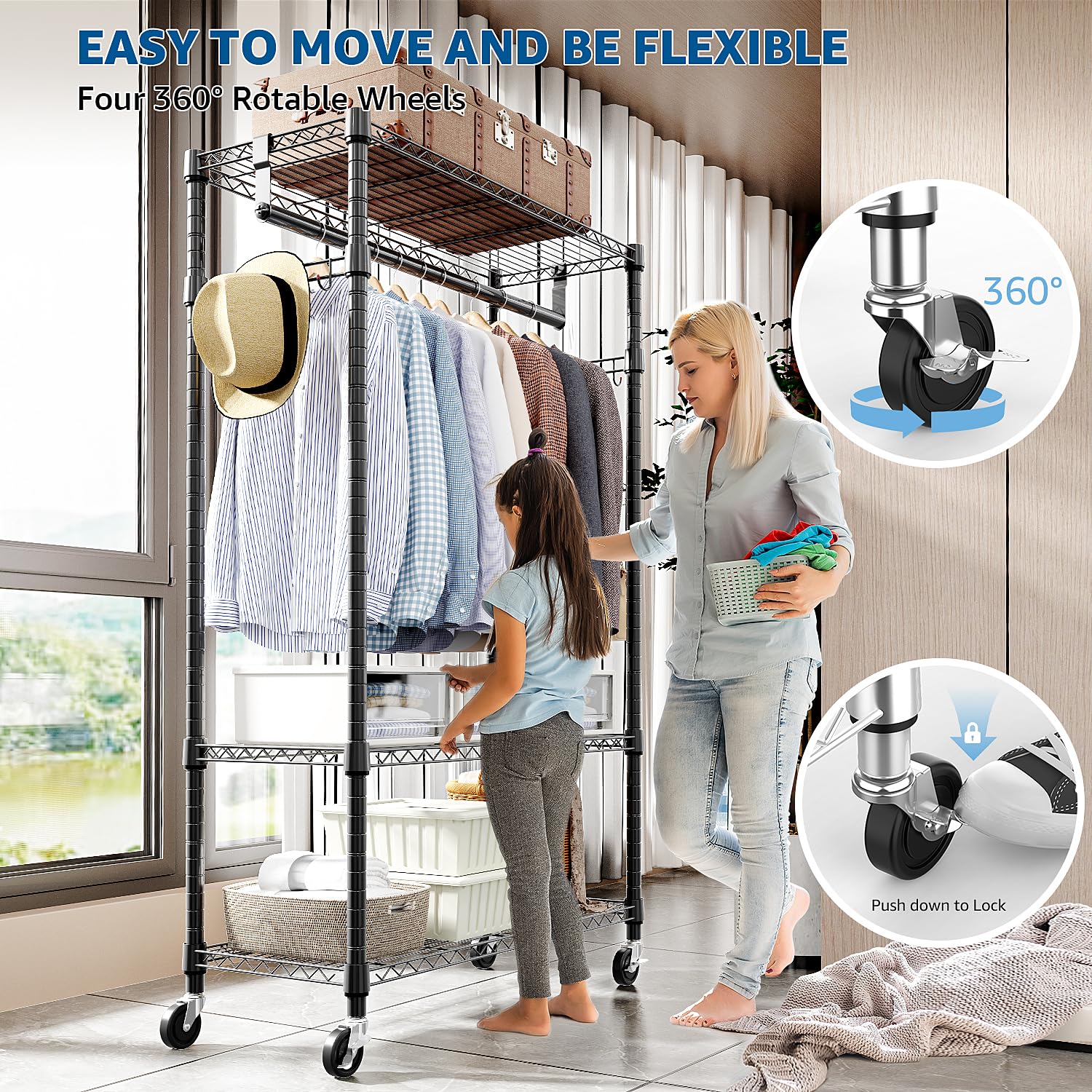 MZG Heavy Duty Rolling Garment Rack - 3 Tier Adjustable Wire Shelving Clothes Rack with Hanging Rod & Side Hooks, Mobile Storage Closet Organizer with Wheels (Black, 15.7