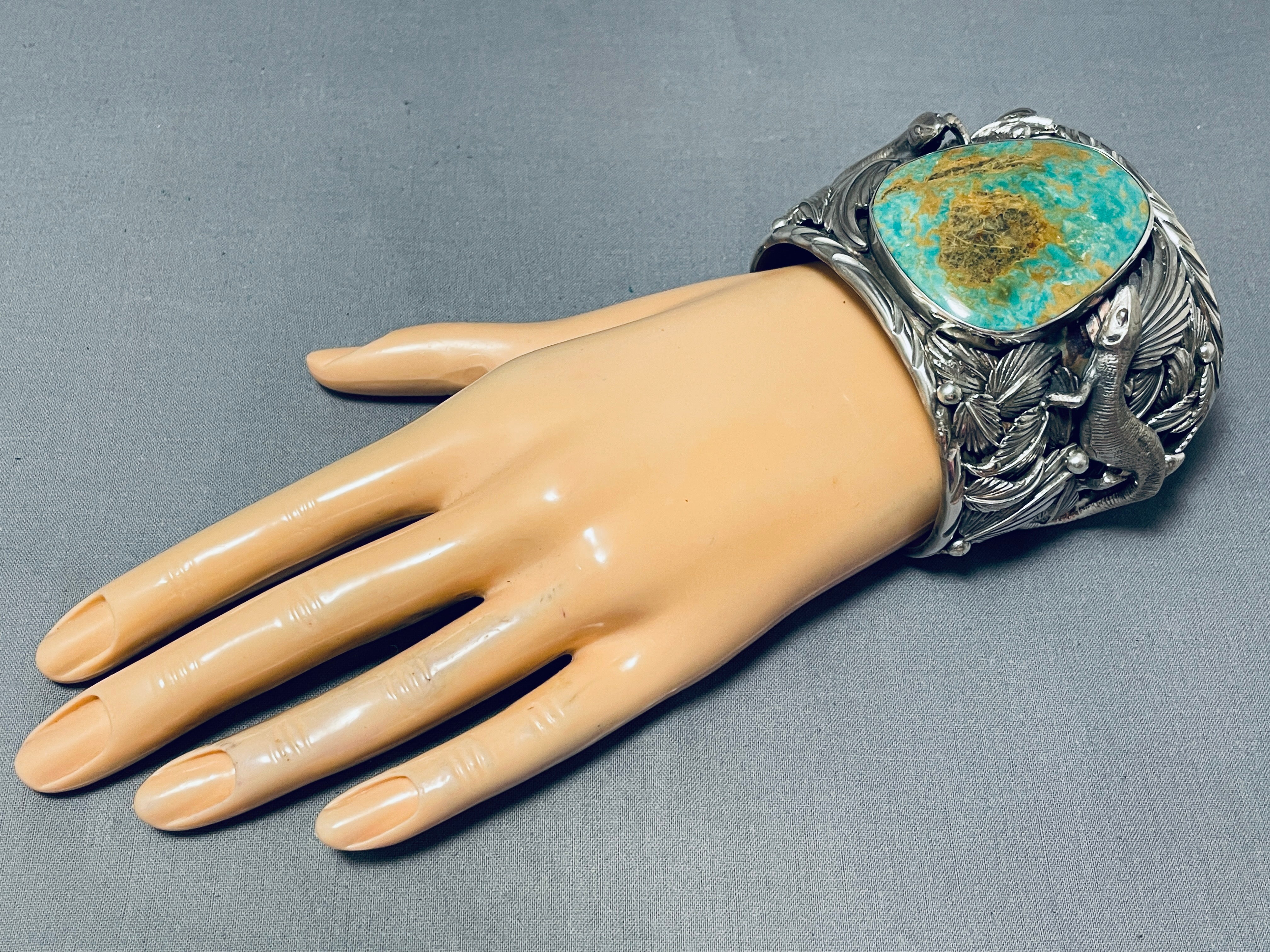 227 Gram Heavy Lizard Royston Turquoise Sterling Silver Bracelet for Women - Handmade Southwest Native American Jewelry for Boho Fashion & Gift Giving