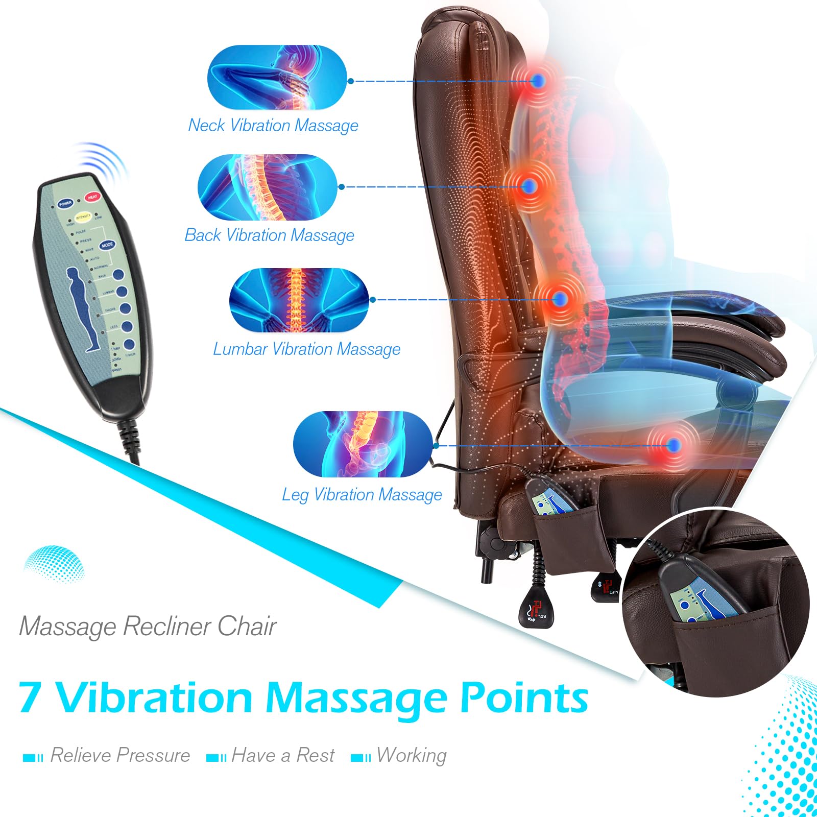 YODOLLA Ergonomic 7-Point Massage Office Chair with Heating - Brown Leather Reclining Computer Desk Chair with High Back & Retractable Footrest - Perfect for Home Office, Gaming & Workspace Comfort
