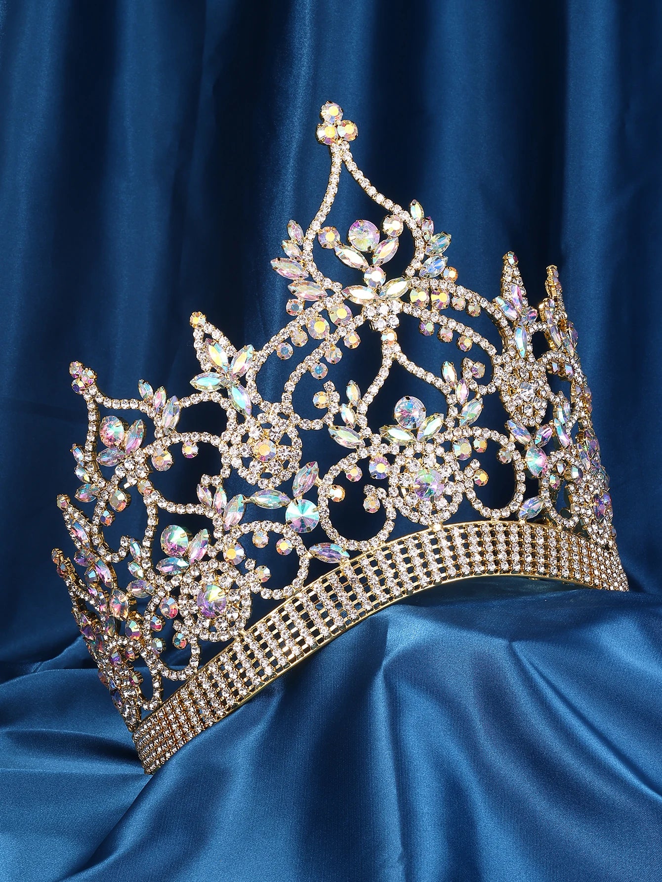 Imperial Aurora Pageant Crown - Gold Rhinestone Tiara with AB Stones for Beauty Queens, Pageants & Prom - Elegant Bridal Accessory for Weddings, Quinceañeras & Special Occasions