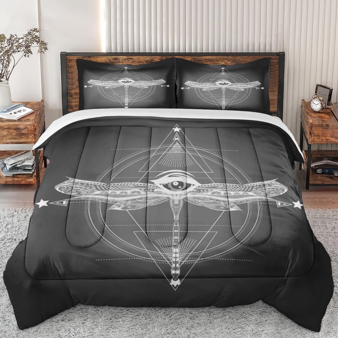 Queen Size Comforter Set - Geometric Dragonfly Butterfly Diamond Soft Bedding for Kids & Adults | Bohemian Mexican Style with 2 Pillowcases | Perfect for Bedroom Decor, Guest Rooms & Bohemian Themed Spaces