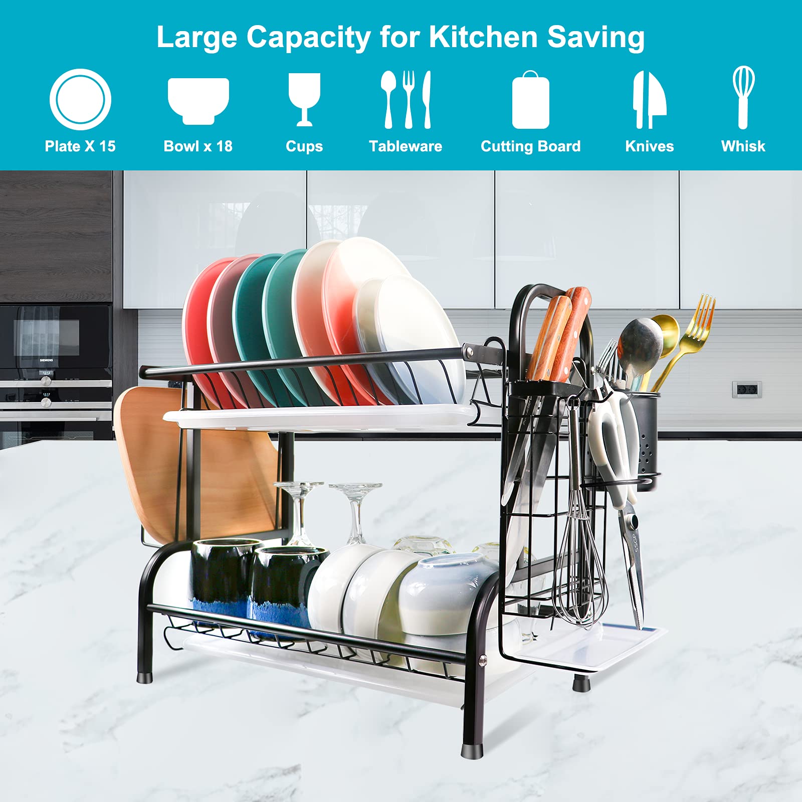 2-Tier Stainless Steel Dish Drying Rack with Utensil Holder & Cutting Board Storage - 16