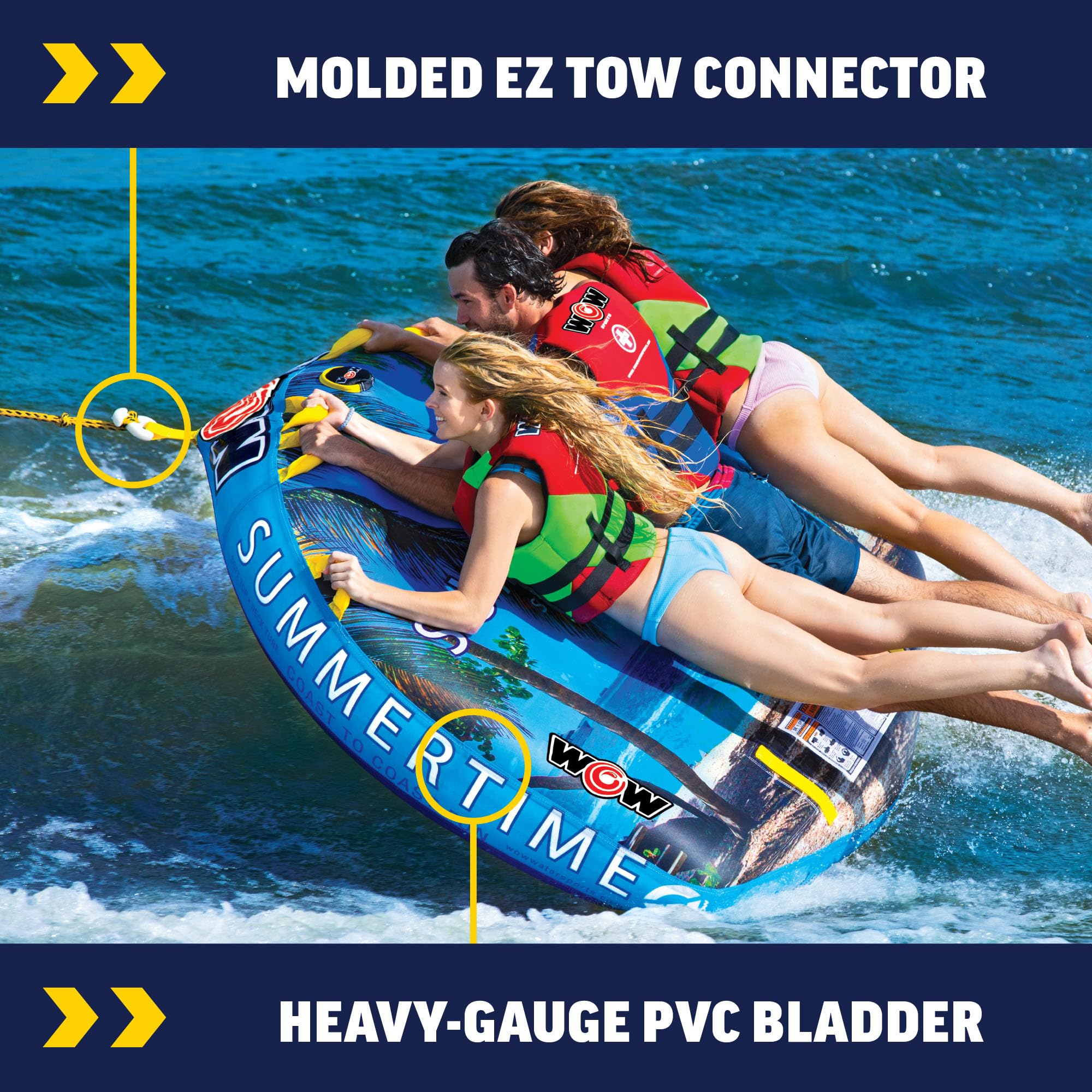 WOW Sports Summertime 1-3 Person Inflatable Towable Deck Tube for Boating & Water Sports - Heavy Duty 8200P-10-3 - Perfect for Lake, River & Ocean Fun with Friends & Family