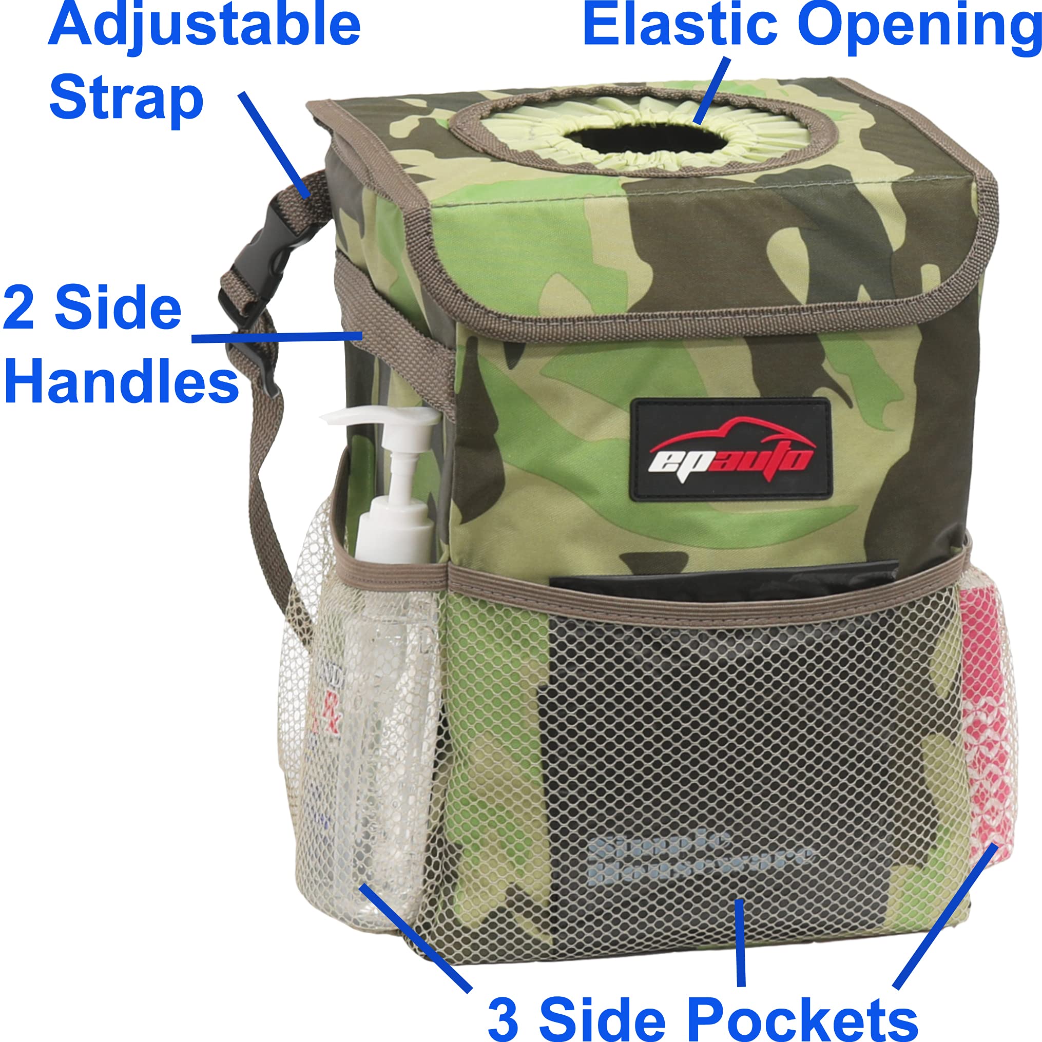 EPAuto Waterproof Car Trash Can with Lid & Storage Pockets - Camouflage Green - Perfect for Road Trips, Camping & Vehicle Organization