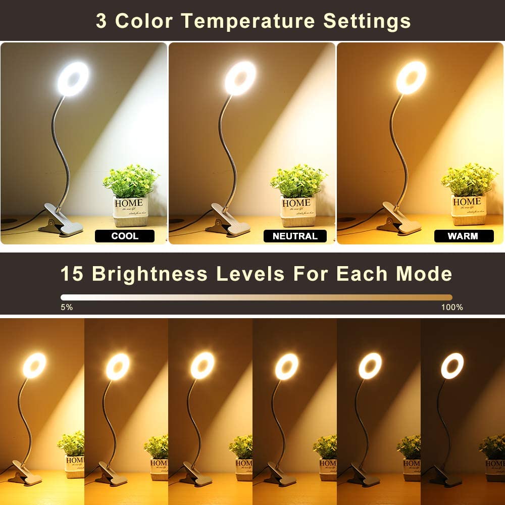 Depuley Dimmable Clip On Reading Light - 48 LED USB Bedside Lamp with 3 Color Modes & 15 Brightness Levels, Flexible Clamp Book Light for Makeup Mirror, Desk, Headboard, Piano, Computer - Perfect for Night Reading, Studying, and Crafting