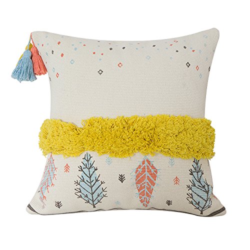 Fennco Styles 18x18 Inch Embroidered Multicolor Fringe Tassel Throw Pillow Cover - Decorative Square Cushion Case for Sofa, Bed & Living Room - Soft White Home Decor Accent (Perfect for Boho Chic, Farmhouse & Modern Interior Design Styles)
