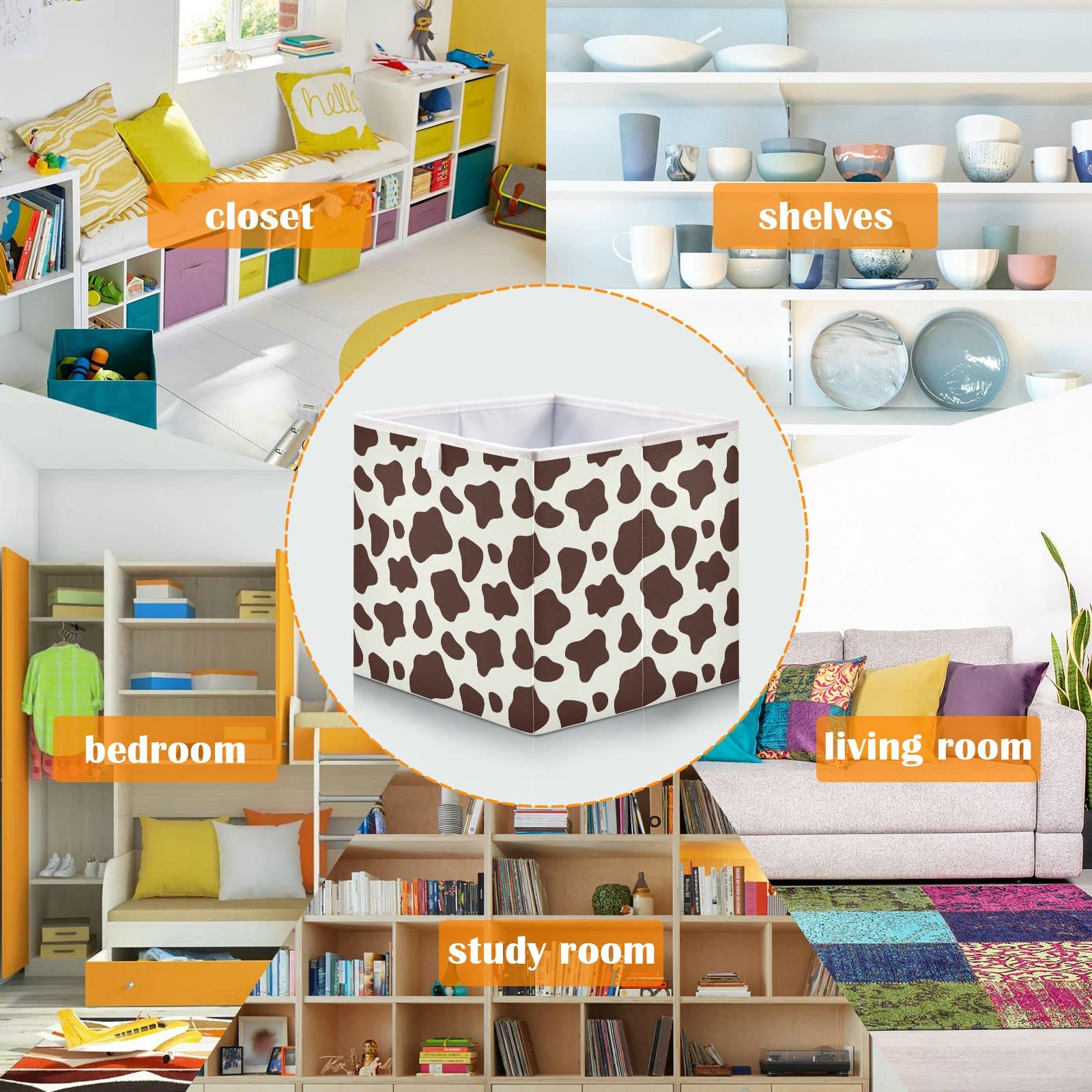 Brown & White Cow Print Collapsible Storage Basket - Square Fabric Bin Organizer for Nursery, Kids Room, Toys & Clothes | Foldable Shelving Solution for Home Organization